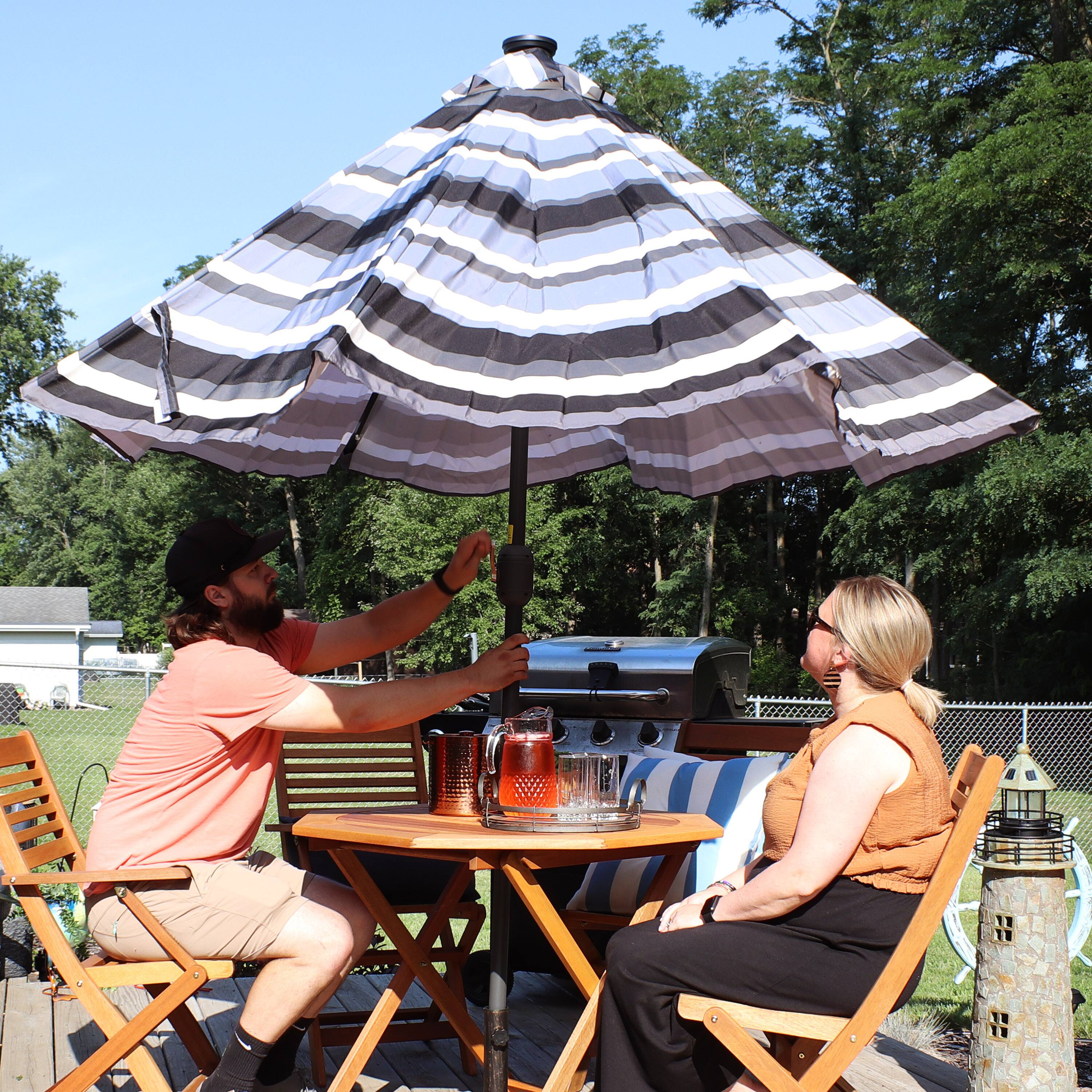 Alt View 8. Sunnydaze - 9 ft Solar Patio Umbrella with Lights, Tilt, and Crank - Catalina Beach Stripe.
