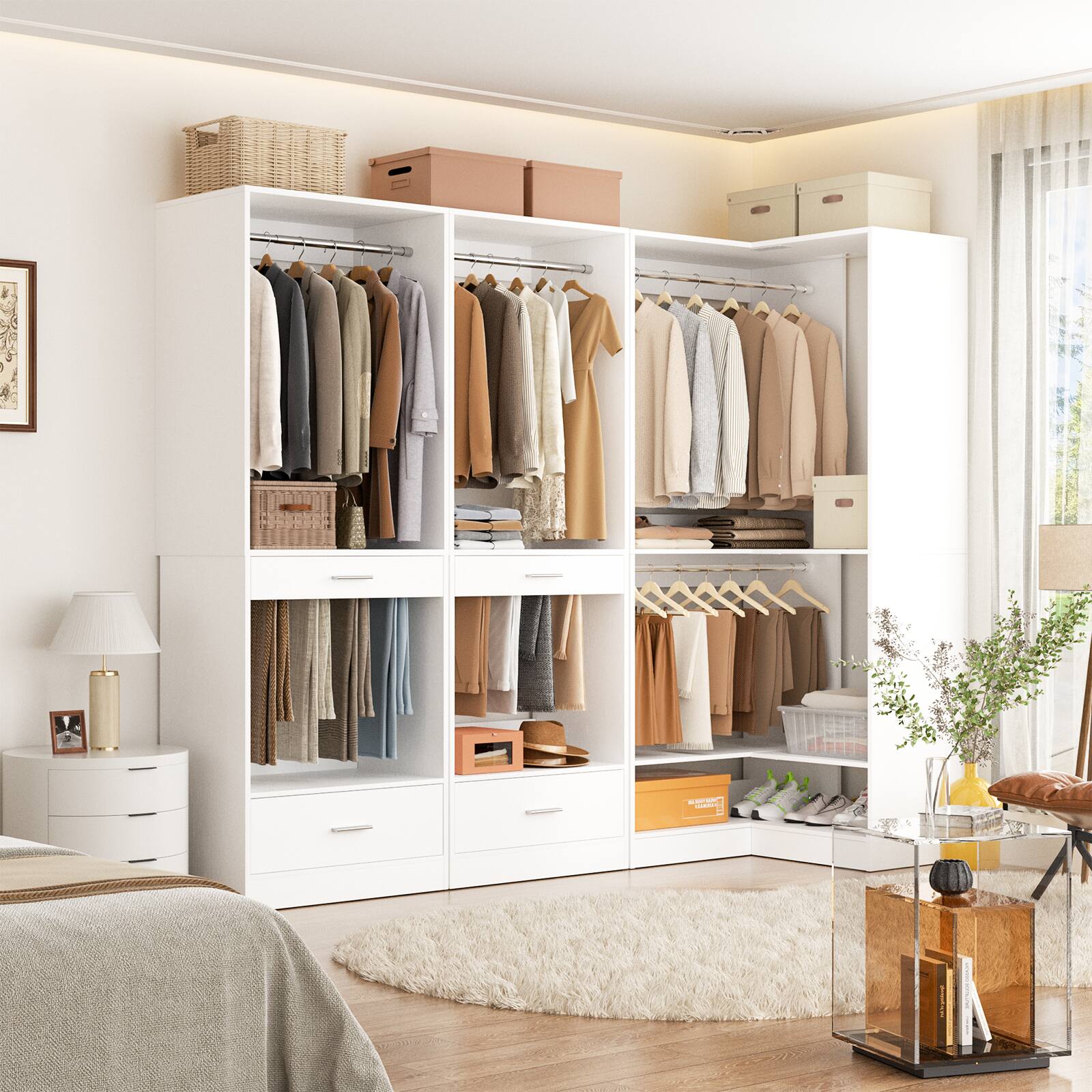 Alt View 4. Aheaplus - 7.9FT Large Wardrobe System 4-Piece Set, Freestanding Closet System with Drawers & Hanging Rods, ideal Storage Unit - White.