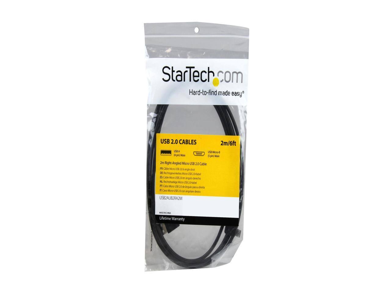 StarTech.com  
Hard-to-find made easy  

USB 2.0 CABLES  
2m/6ft  

USB A Male  
USB Micro-B 5 pin Male  

2m Right-Angled Micro USB 2.0 Cable  

FR Câble Micro USB 2.0 à angle droit  
DE Rechtsgewinkelhe Micro USB 2.0 Kabel  
ES Cable Micro USB 2.0 en ángulo derecho  
NL Rechtshoeklike Micro USB 2.0 kabel  
PT Cabo Micro USB 2.0 com ângulo direito  
IT Cavo Micro-USB 2.0 con angolo destro  

USB2AUBR2M  

Lifetime Warranty