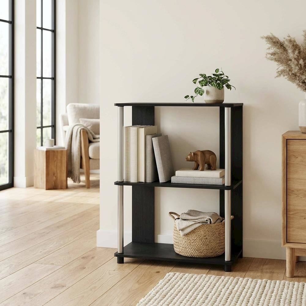 Left. FurniFact - Engineered Wood Bookcase with Shelving for Storage and Display - Americano/Chrome.