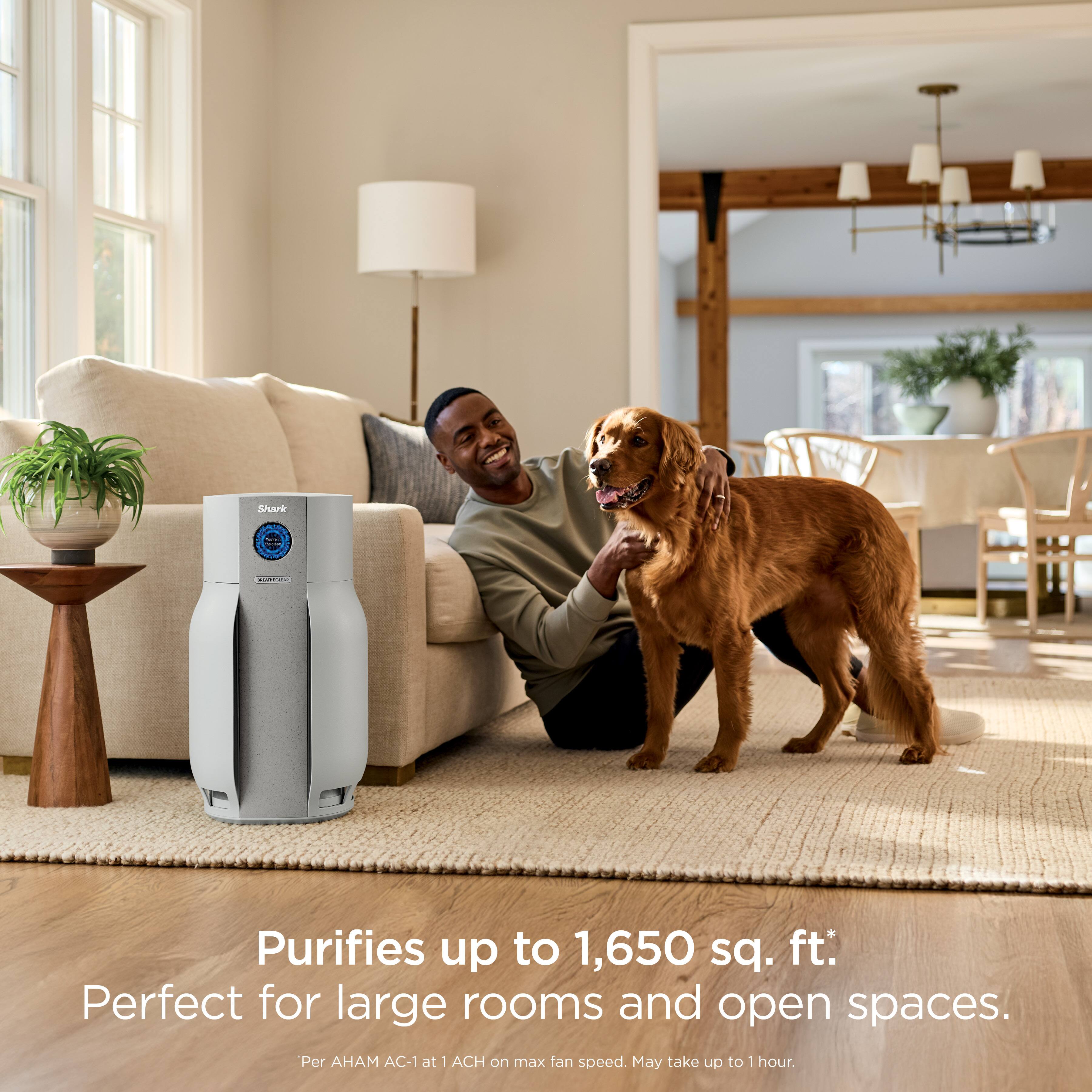 Purifies up to 1,650 sq. ft.: Perfect for large rooms and open spaces.  
Per AHAM AC-1 at 1 ACH on max fan speed. May take up to 1 hour.