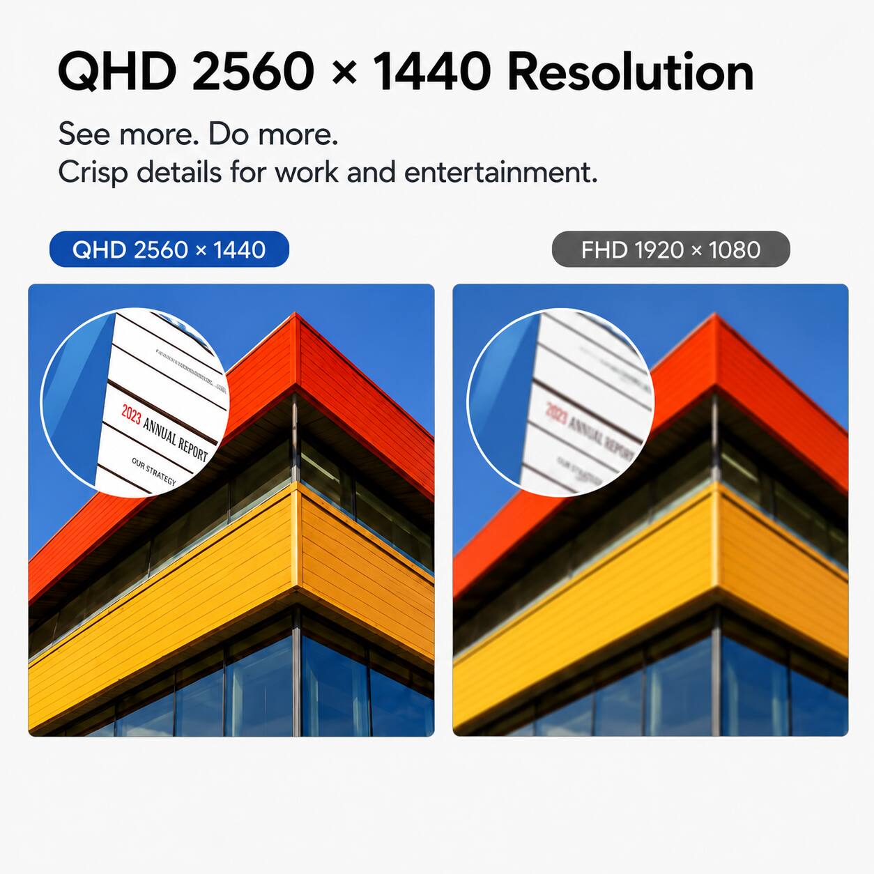 QHD 2560 x 1440 Resolution  
See more. Do more.  
Crisp details for work and entertainment.  

QHD 2560 x 1440  
FHD 1920 x 1080  

2023 ANNUAL REPORT  
OUR STRATEGY