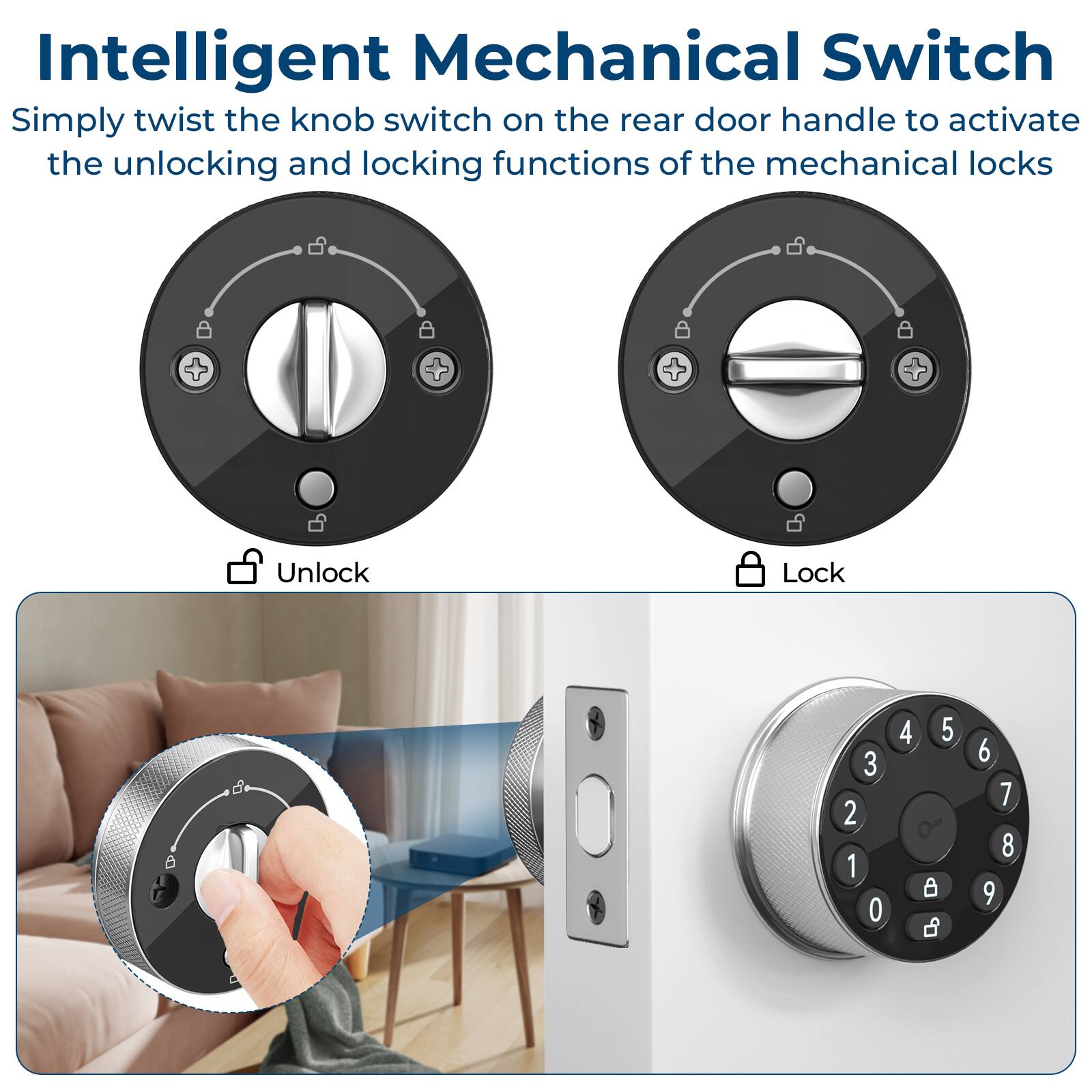 Intelligent Mechanical Switch

Simply twist the knob switch on the rear door handle to activate the unlocking and locking functions of the mechanical locks

Unlock Lock

3 2 1 0 4 5  
0 6 7 8 9