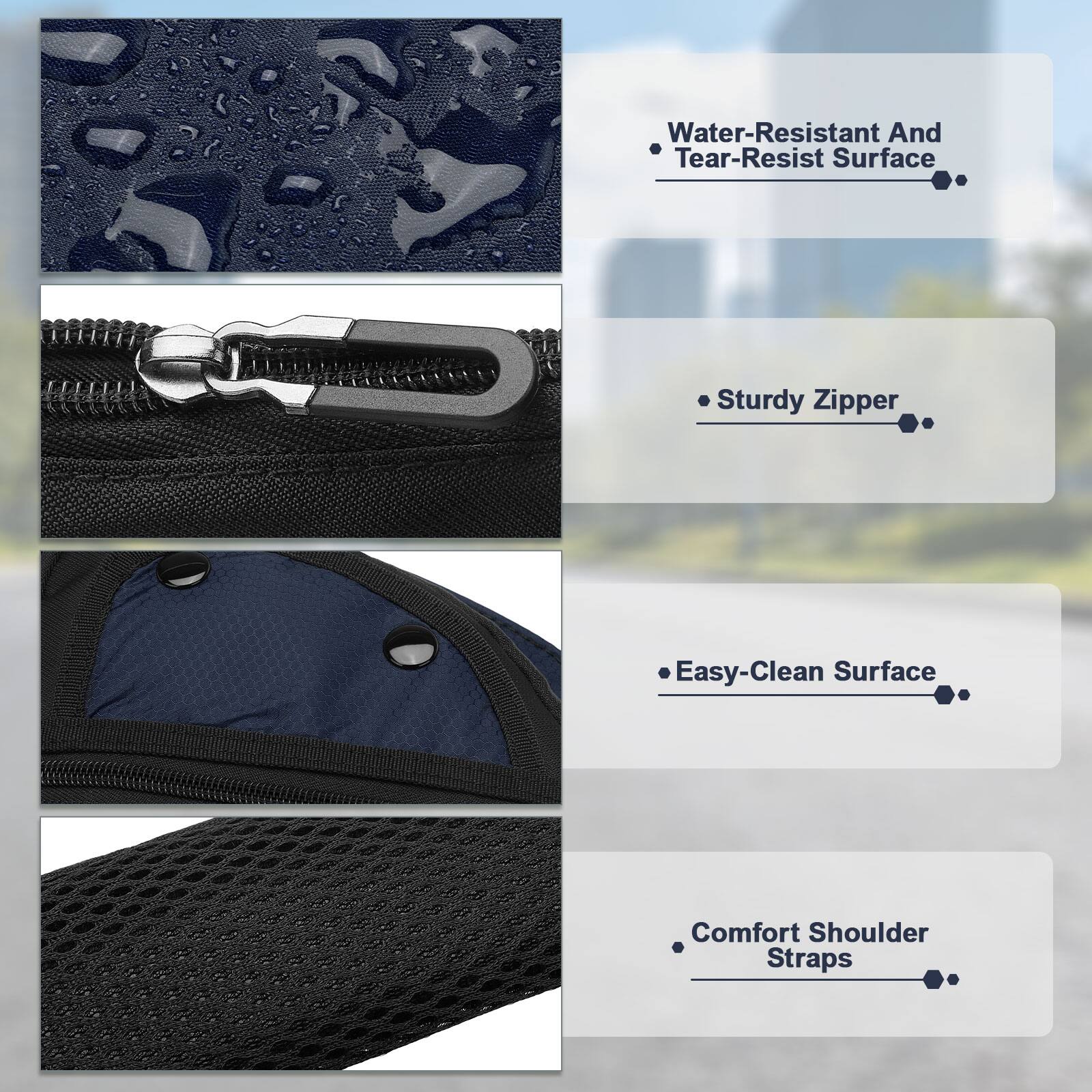 - Water-Resistant And Tear-Resist Surface
- Sturdy Zipper
- Easy-Clean Surface
- Comfort Shoulder Straps