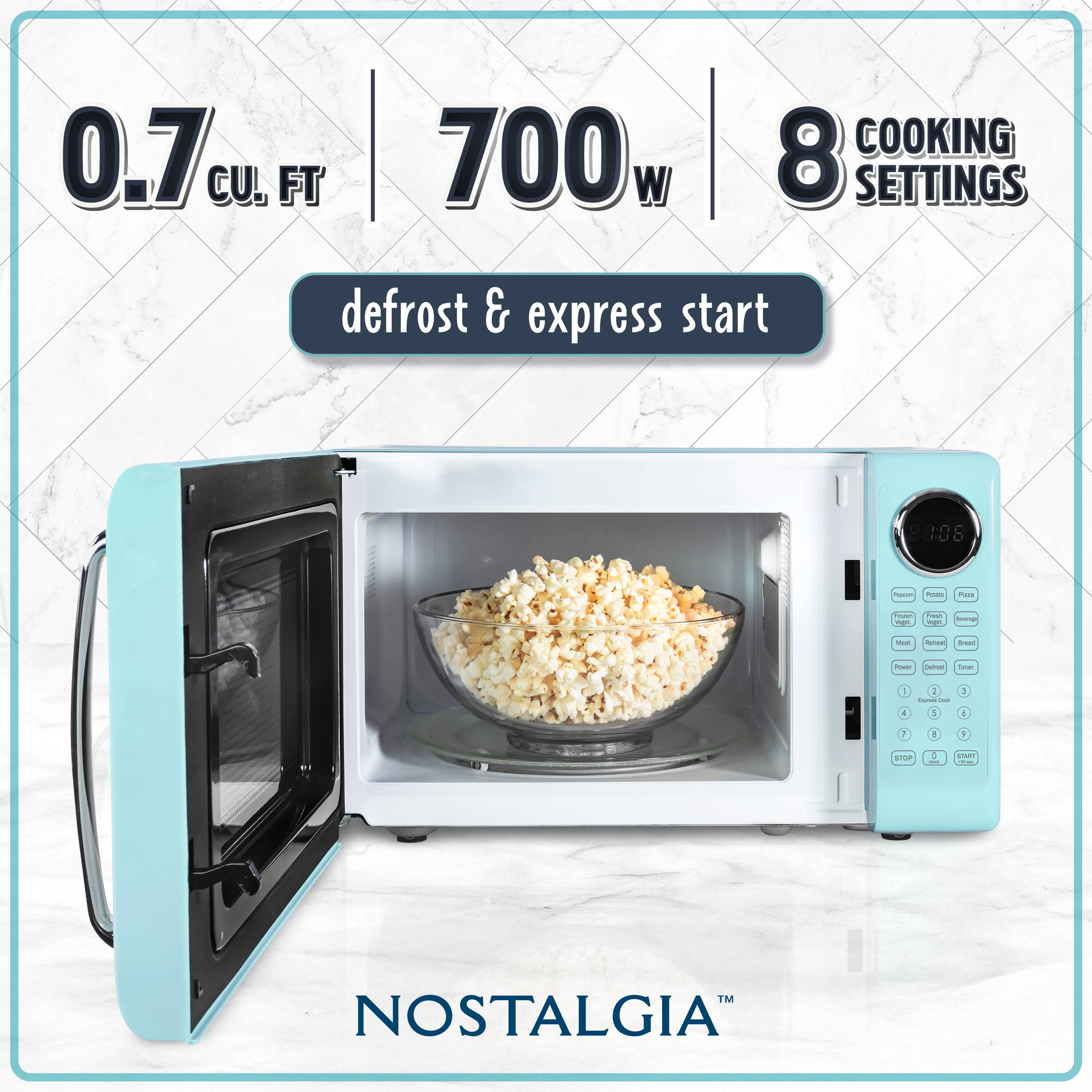 0.7 cu. ft. | 700w | 8 COOKING SETTINGS  
defrost & express start  

NOSTALGIA™