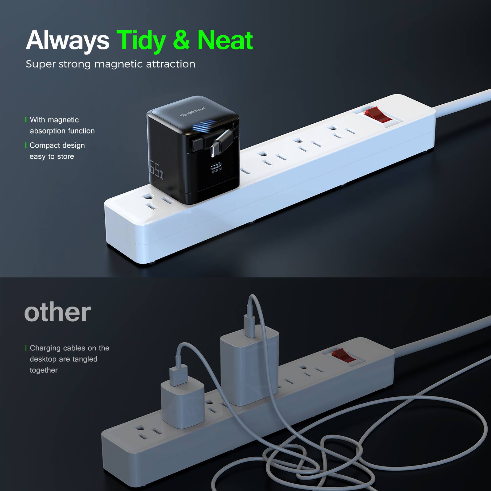 Always Tidy & Neat  
Super strong magnetic attraction  

- With magnetic absorption function  
- Compact design easy to store  

other  
- Charging cables on the desktop are tangled together