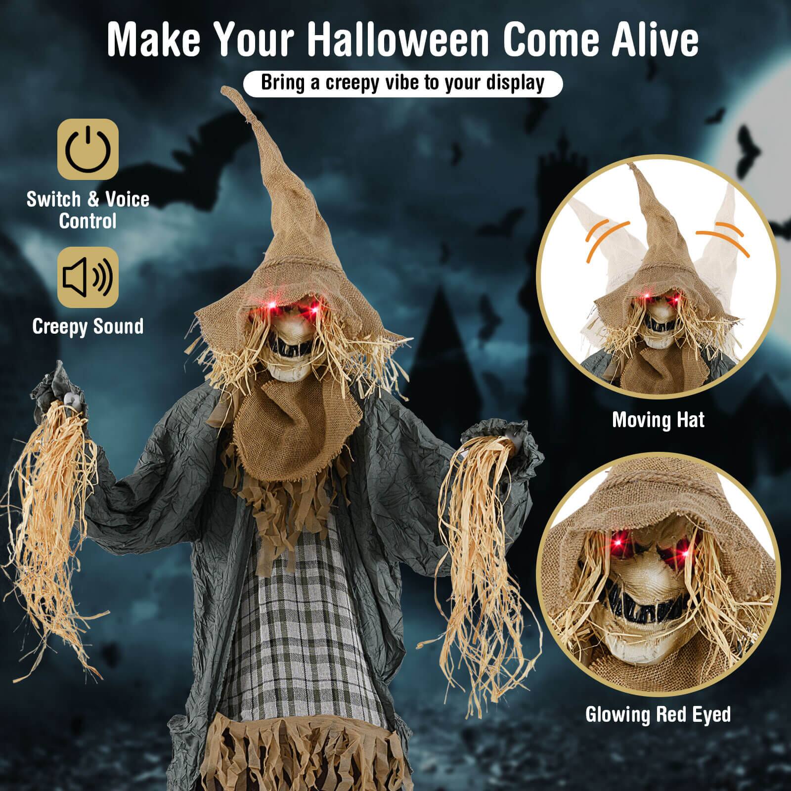 Make Your Halloween Come Alive  
Bring a creepy vibe to your display  

- Switch & Voice Control  
- Creepy Sound  
- Moving Hat  
- Glowing Red Eyed