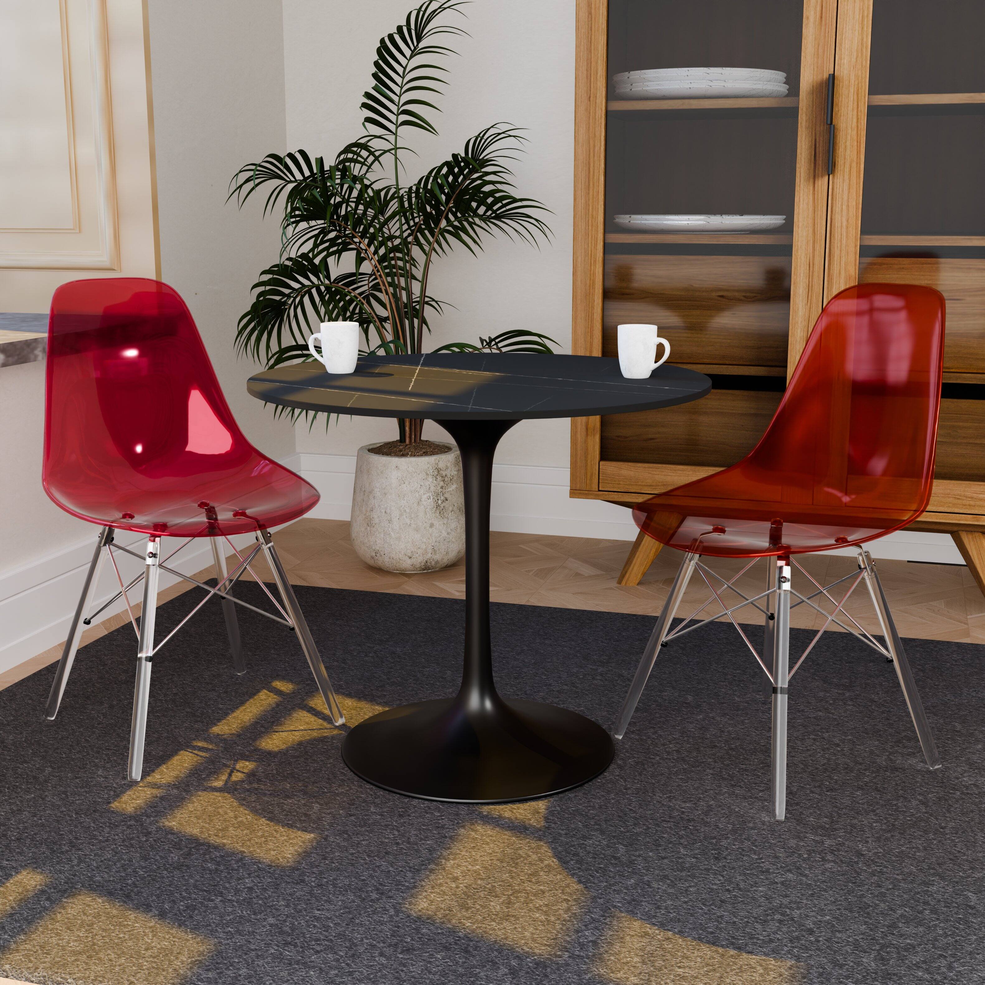 Left. LeisureMod - Cresco 4-Pieces Modern Plastic Dining Chair with Chrome Support Base and Acrylic Legs - Transparent Red.