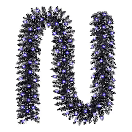 Front. Gymax - Gymax 9 FT Pre-Lit Halloween Garland Decorations Battery Operation Timer Black - Black.