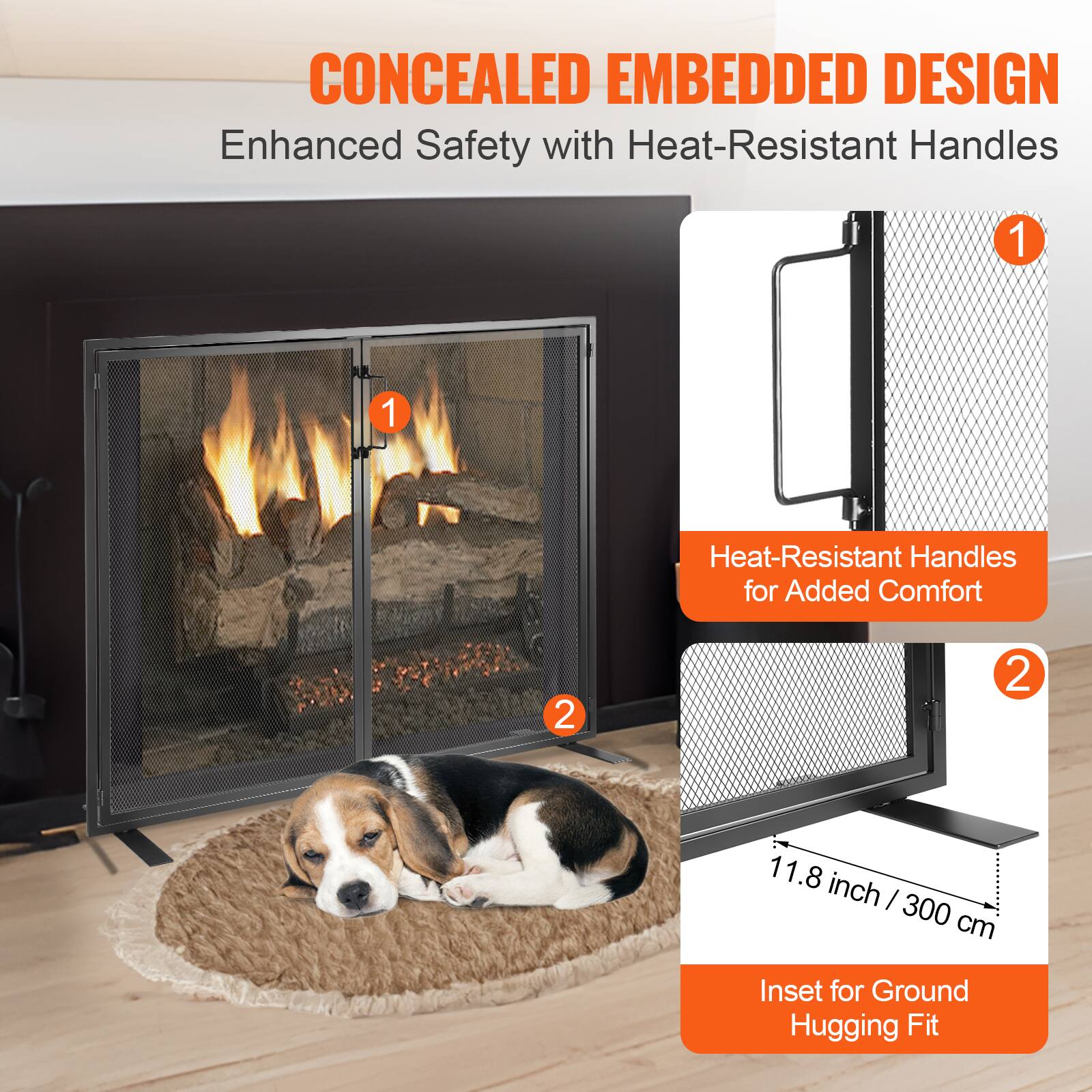 CONCEALED EMBEDDED DESIGN  
Enhanced Safety with Heat-Resistant Handles

1. Heat-Resistant Handles for Added Comfort

2. 11.8 inch / 300 cm Inset for Ground Hugging Fit