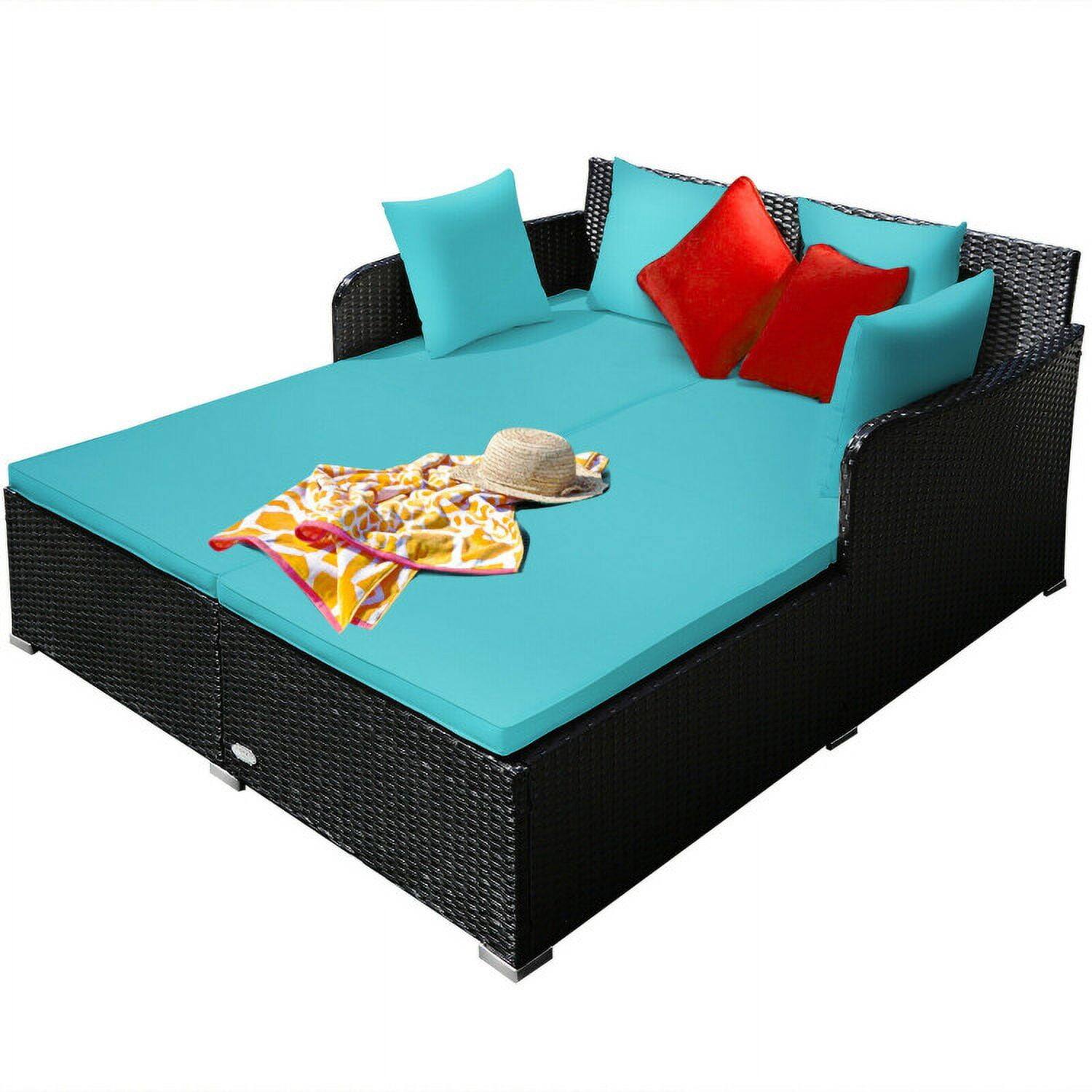 Back. Pefilos - Spacious Outdoo Rattan Daybed with Upholsteed Cushions and Pillows-Tuquoise, Wicke Funitue Convesation Sets fo Gaden, - Blue.