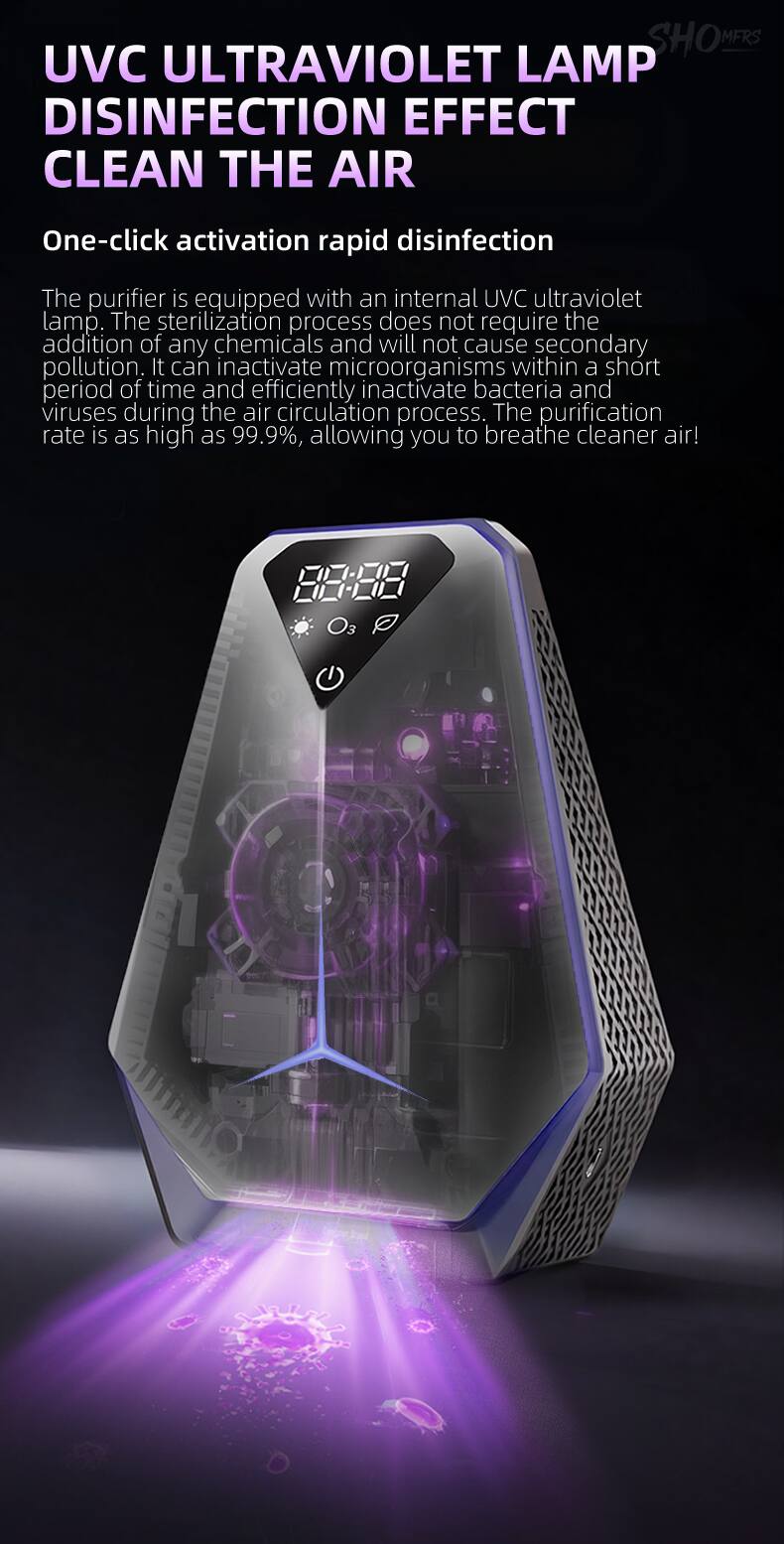 UVC ULTRAVIOLET LAMP DISINFECTION EFFECT CLEAN THE AIR

One-click activation rapid disinfection

The purifier is equipped with an internal UVC ultraviolet lamp. The sterilization process does not require the addition of any chemicals and will not cause secondary pollution. It can inactivate microorganisms within a short period of time and efficiently inactivate bacteria and viruses during the air circulation process. The purification rate is as high as 99.9%, allowing you to breathe cleaner air!
