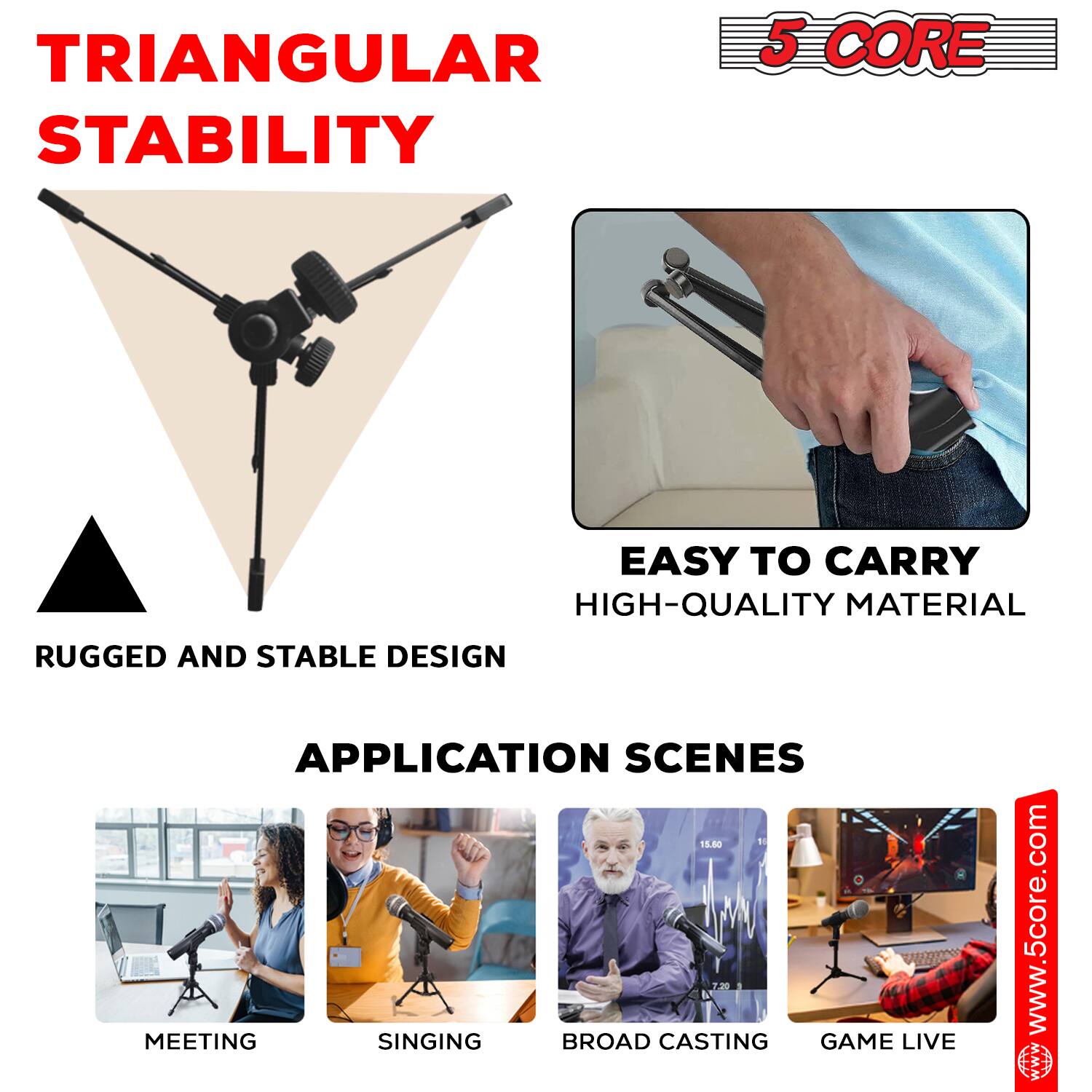 Back. 5 CORE - 5 Core Desk Mic Stand Height Adjustable Desktop Microphone Stands Metal Tripod Portable Foldable - Black.