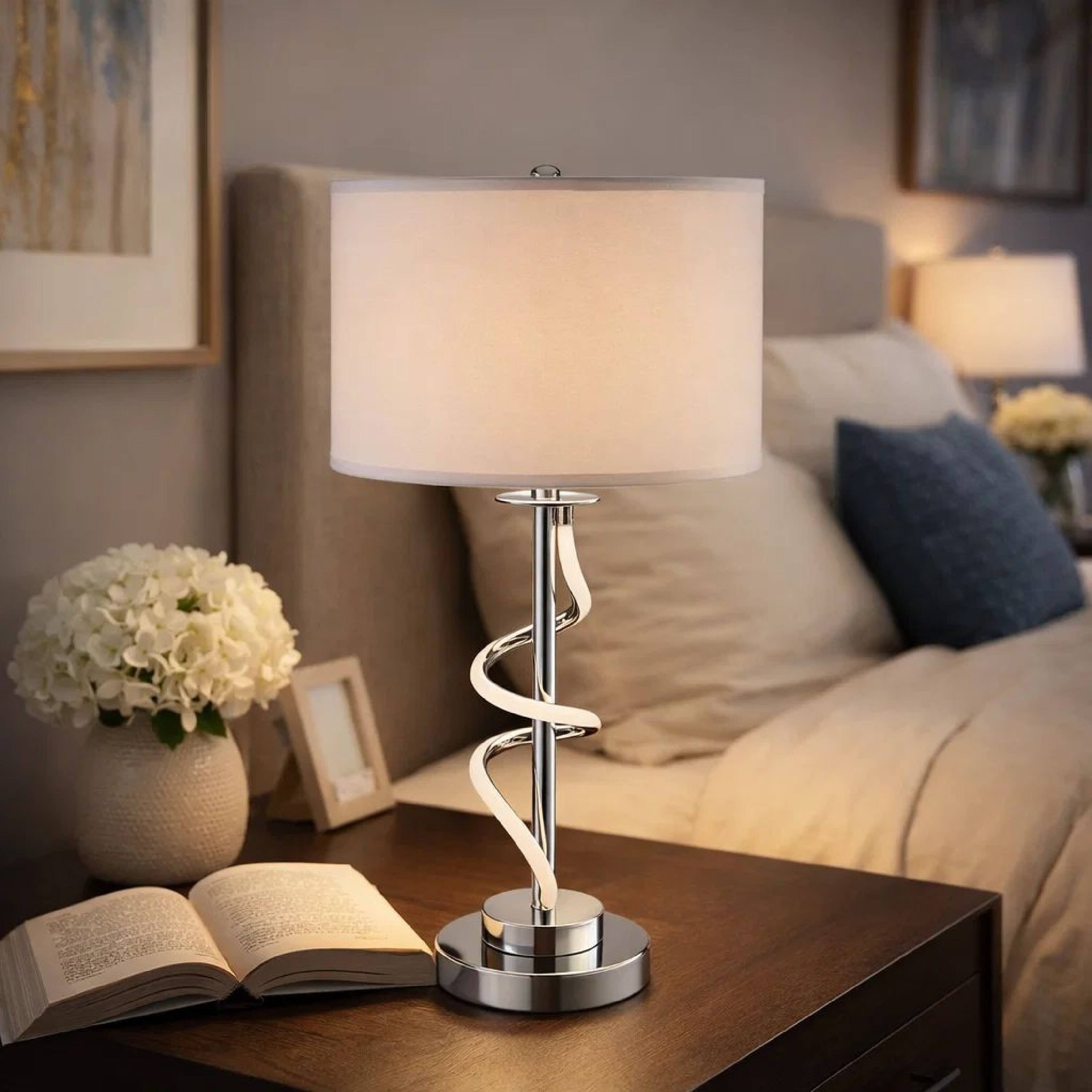Alt View 5. Manhattan Lane - Jame 29 Inch Table Lamp, Drum Fabric Shade, Accent Round Chrome Base - Chrome, Silver, White.