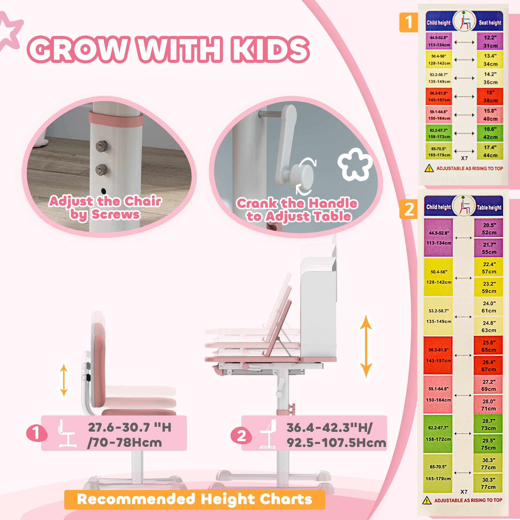 **CROW WITH KIDS**

**Adjust the Chair by Screws**

**Crank the Handle to Adjust Table**

**Recommended Height Charts**

1. **Child height**  
   - 44.5-52.1" / 113-134cm  
   - 50.2-94.7" / 128-238cm  
   - 53.2-58.7" / 135-148cm  
   - 53.4-58.7" / 135-148cm  
   - 53.4-58.7" / 135-148cm  
   - 53.4-58.7" / 135-148cm  
   - 53.4-58.7" / 135-148cm  
   - 53.4-58.7" / 135-148cm  
   - 53.4-58.7" / 135-148cm  
   - 5