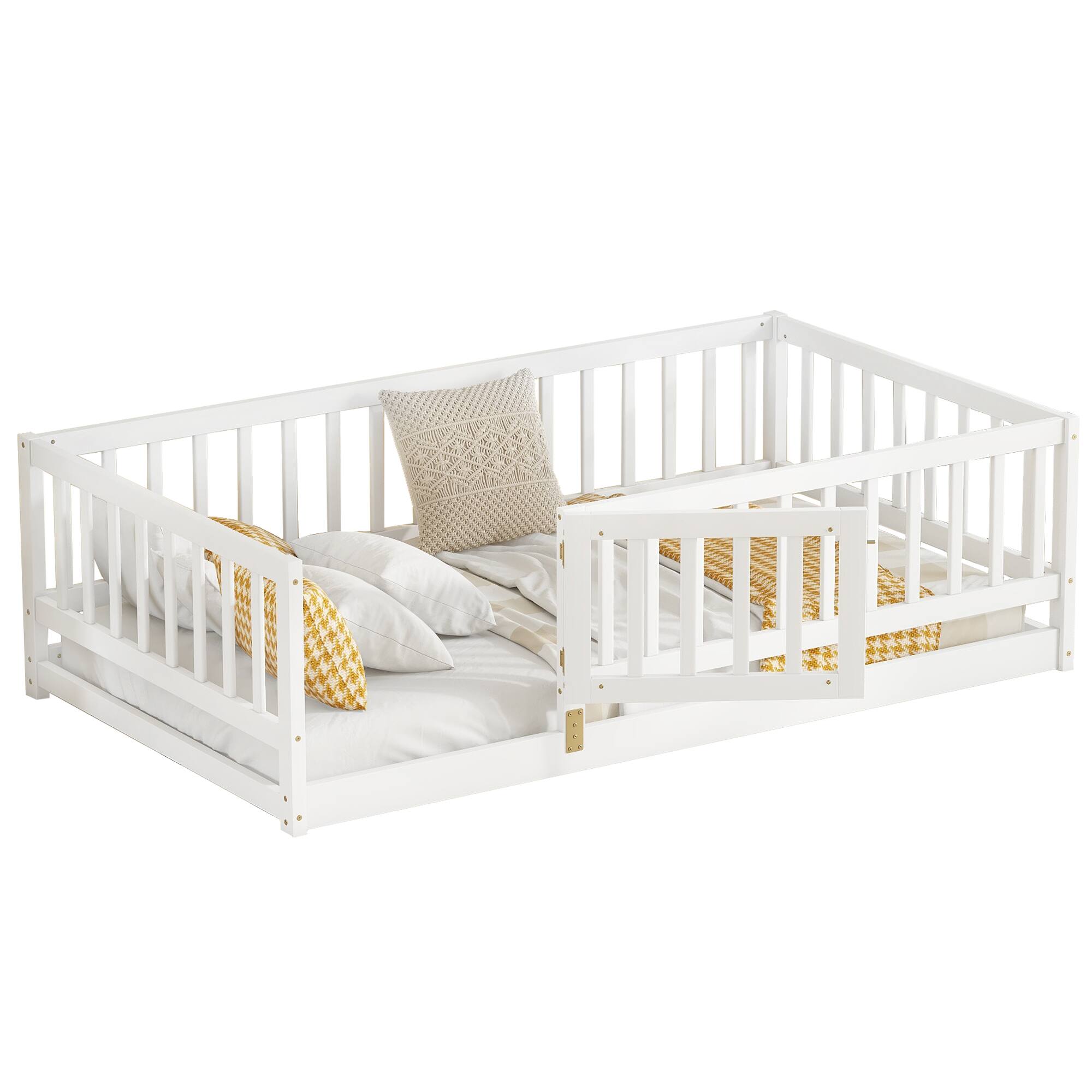 Back. GOODSILO - Twin Size Montessori Floor Bed with Fence and Door, Wood Bed Frame for Kids, Boys & Girls - White.