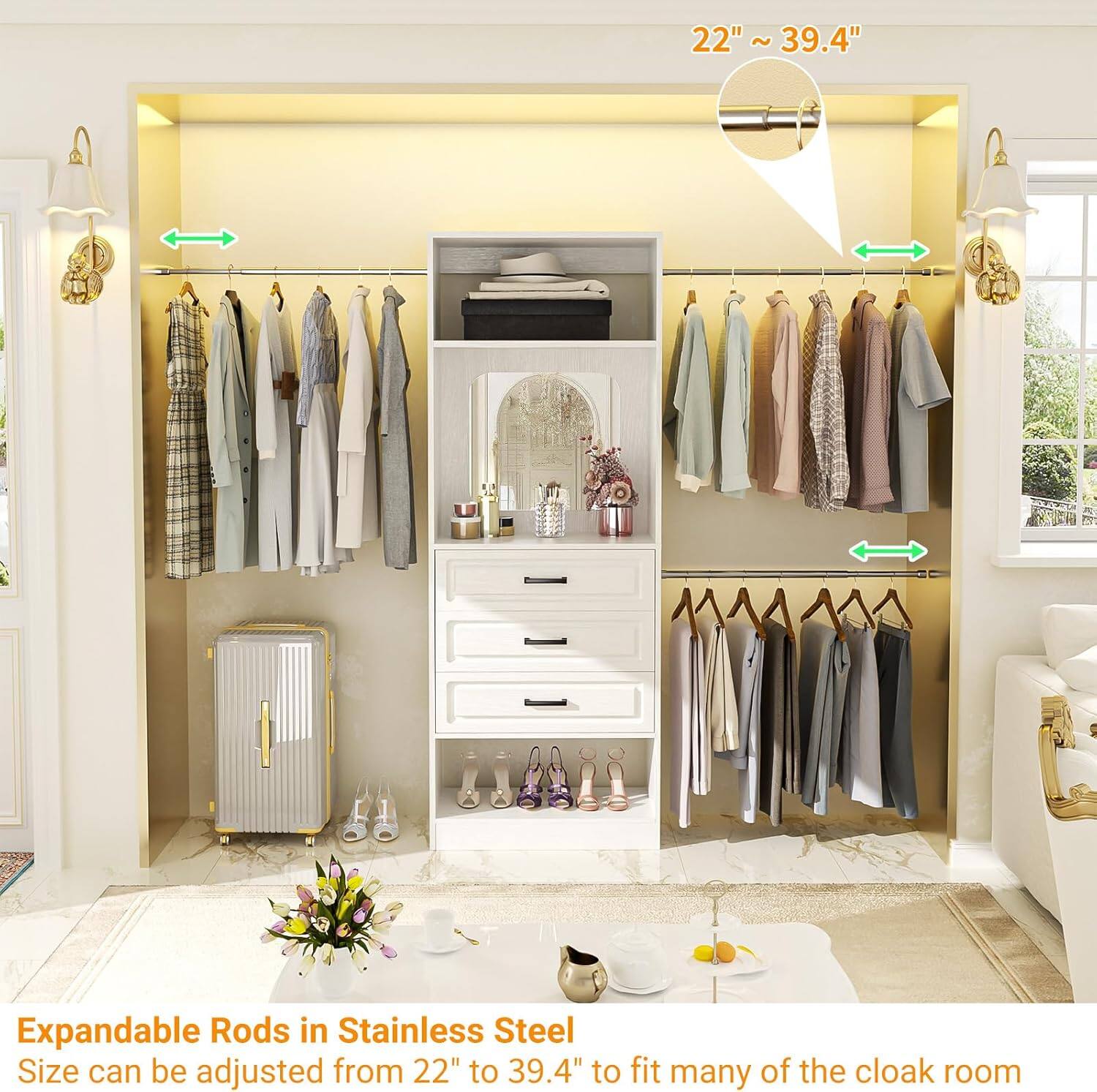 22" ~ 39.4"  
Expandable Rods in Stainless Steel  
Size can be adjusted from 22" to 39.4" to fit many of the cloak room