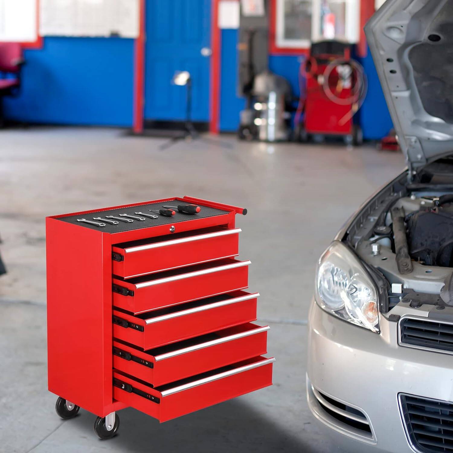 Back. Winado - Lockable 5-Drawer Rolling Tool Chest Tool Organizer Box with Wheels for Garage - Red.
