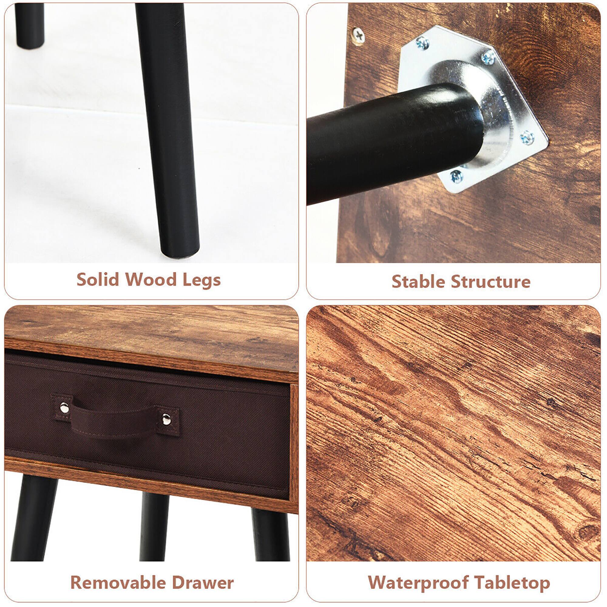 The text on the image is grouped as follows:

1. Solid Wood Legs
2. Stable Structure
3. Removable Drawer
4. Waterproof Tabletop