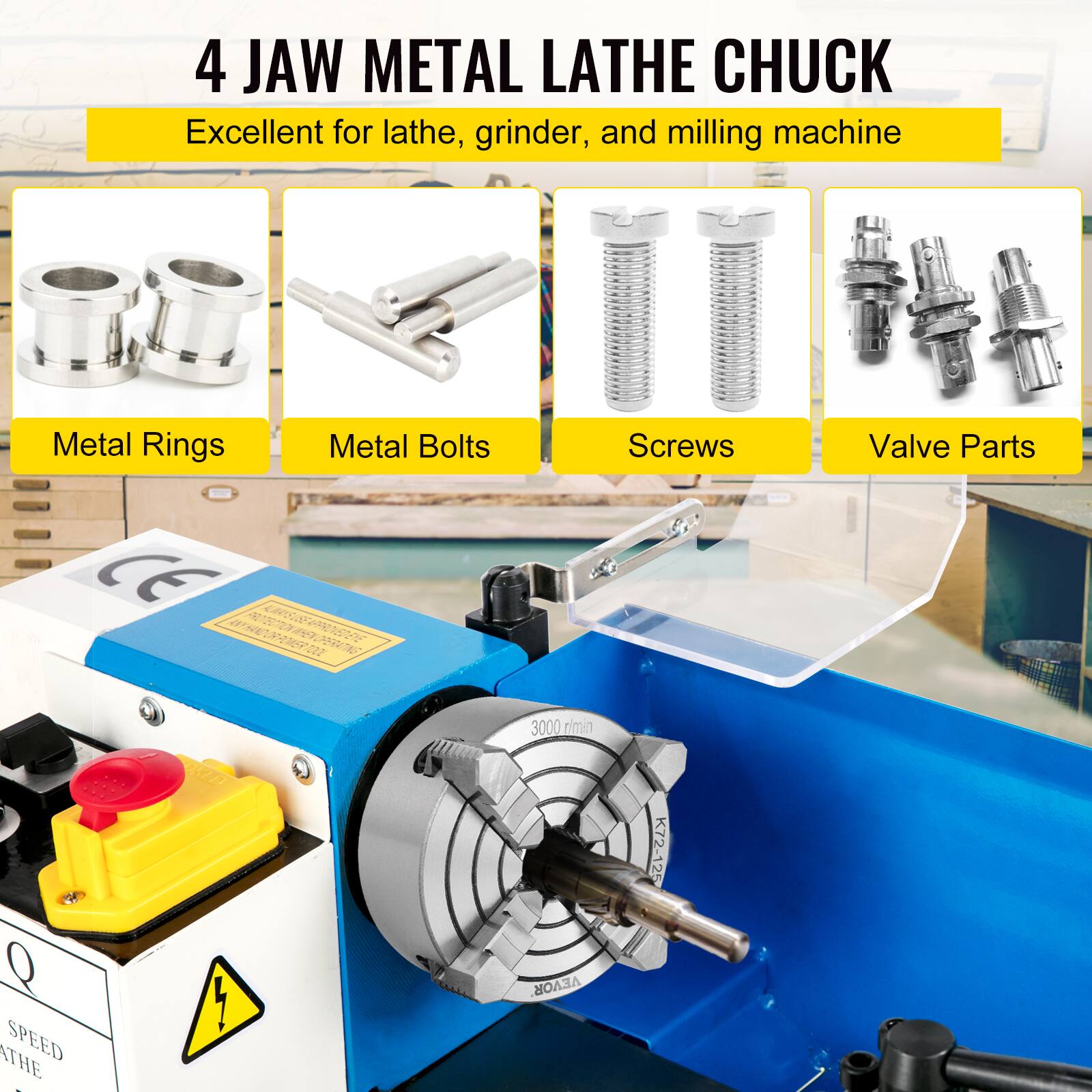 4 JAW METAL LATHE CHUCK

Excellent for lathe, grinder, and milling machine

Metal Rings
Metal Bolts
Screws
Valve Parts

3000 r/min

SPEED
LATHE

CE

K72-12