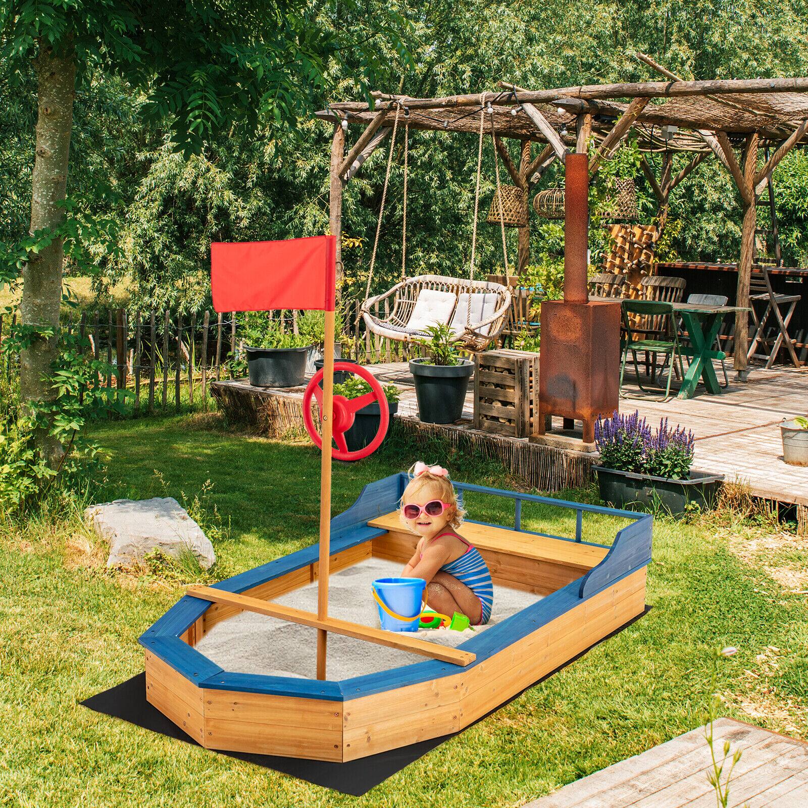 Alt View 3. Gymax - Gymax Kids Pirate Boat Wood Sandbox w/ Storage Box & Non-Woven Fabric Liner - Beige.