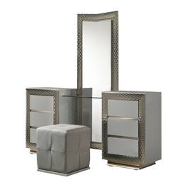 Manhattan Lane - Vino 3pc Vanity Dressing Table Set w Stool, Satin Fabric, Rubberwood - Gray