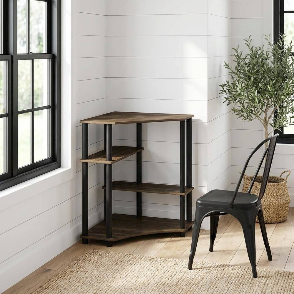 Angle. BisonOffice - Corner Office Desk With Shelves, Columbia Walnut And Black Finish - Columbia Walnut/Black.