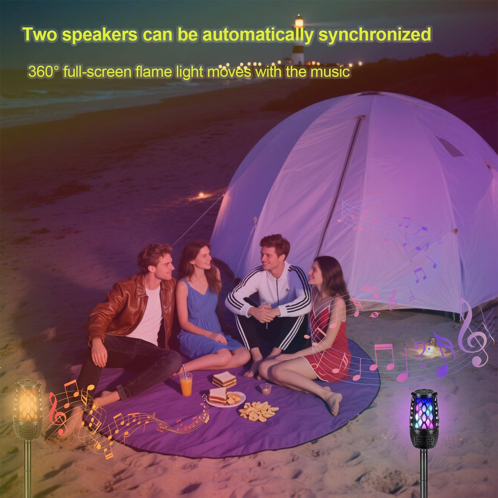 Two speakers can be automatically synchronized  
360° full-screen flame light moves with the music