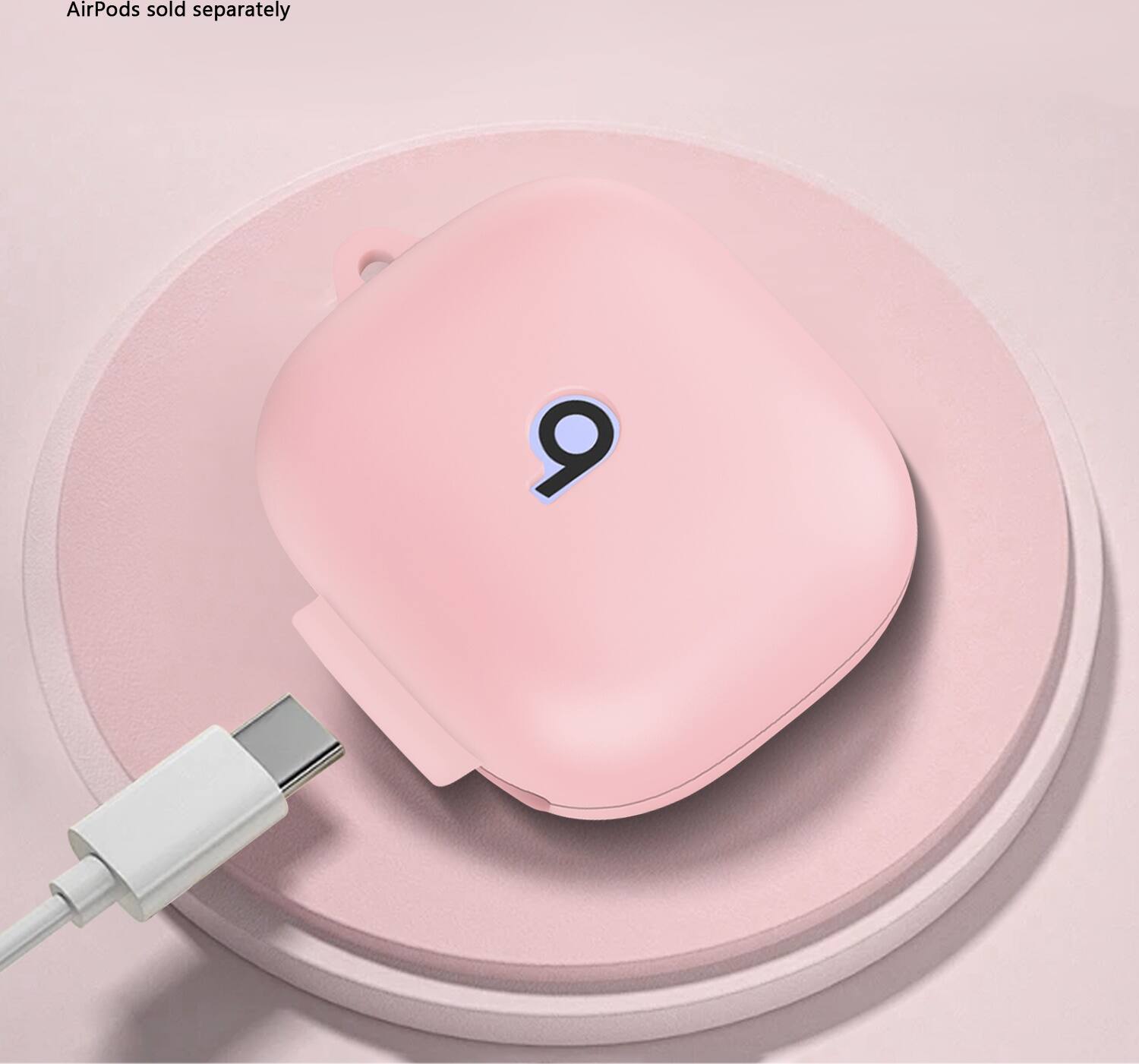 AirPods are sold separately. The image shows a pink AirPod with a number 9 on it.