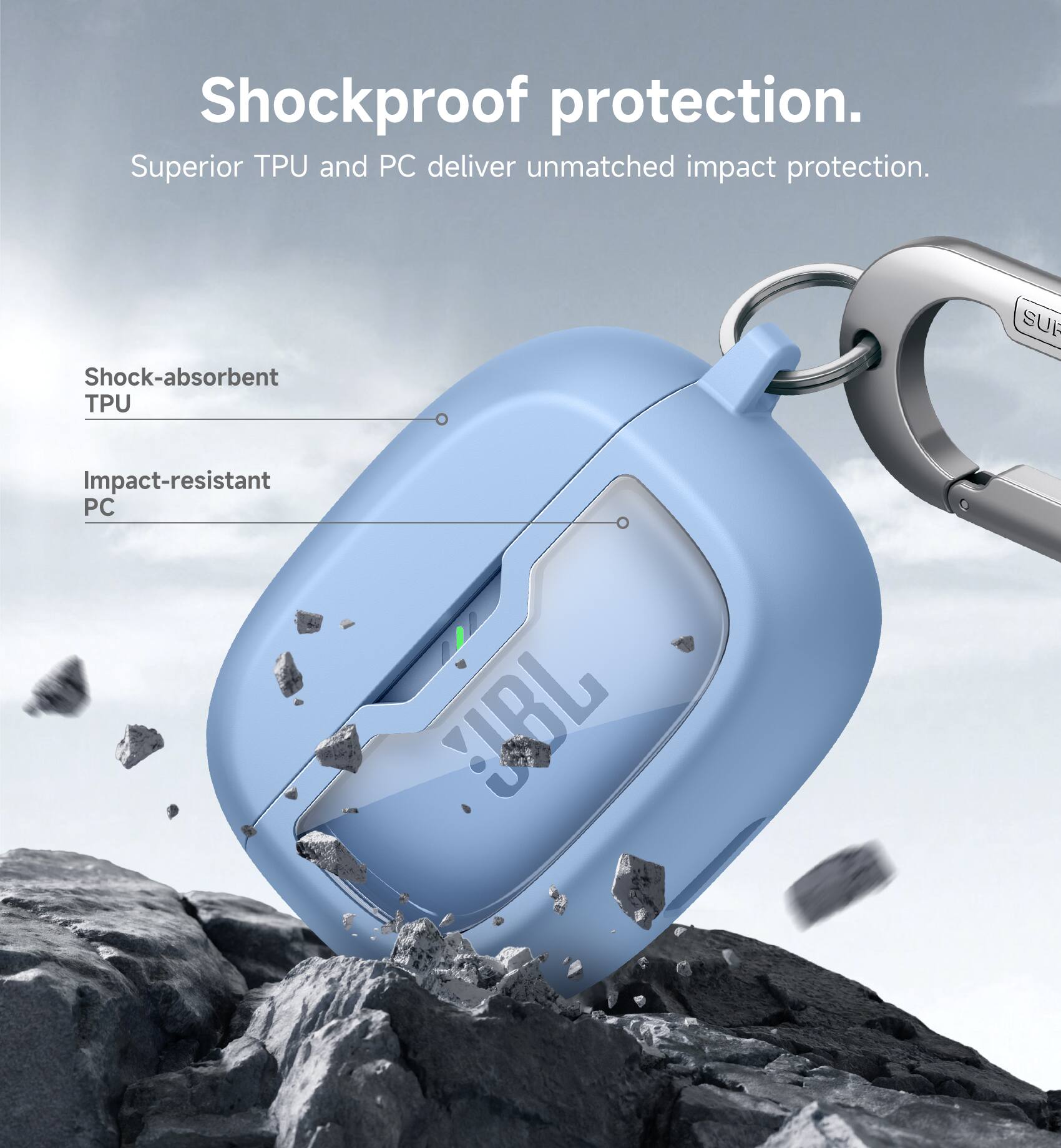 Shockproof protection. Superior TPU and PC deliver unmatched impact protection. Shock-absorbent TPU. Impact-resistant PC.