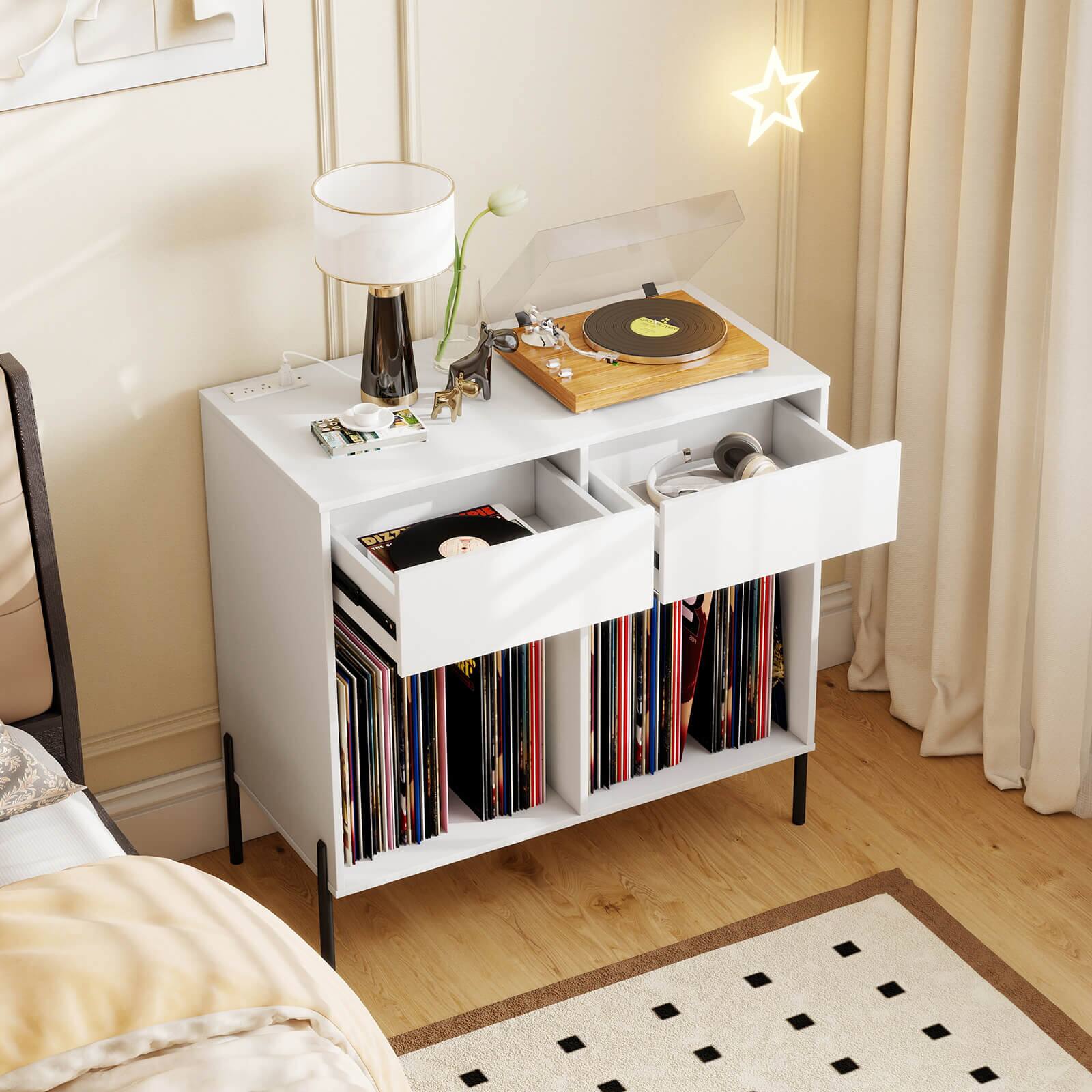 Alt View 3. Costway - Costway Large Record Player Stand with Charging Station Storage Compartments & 2 Drawers - White.