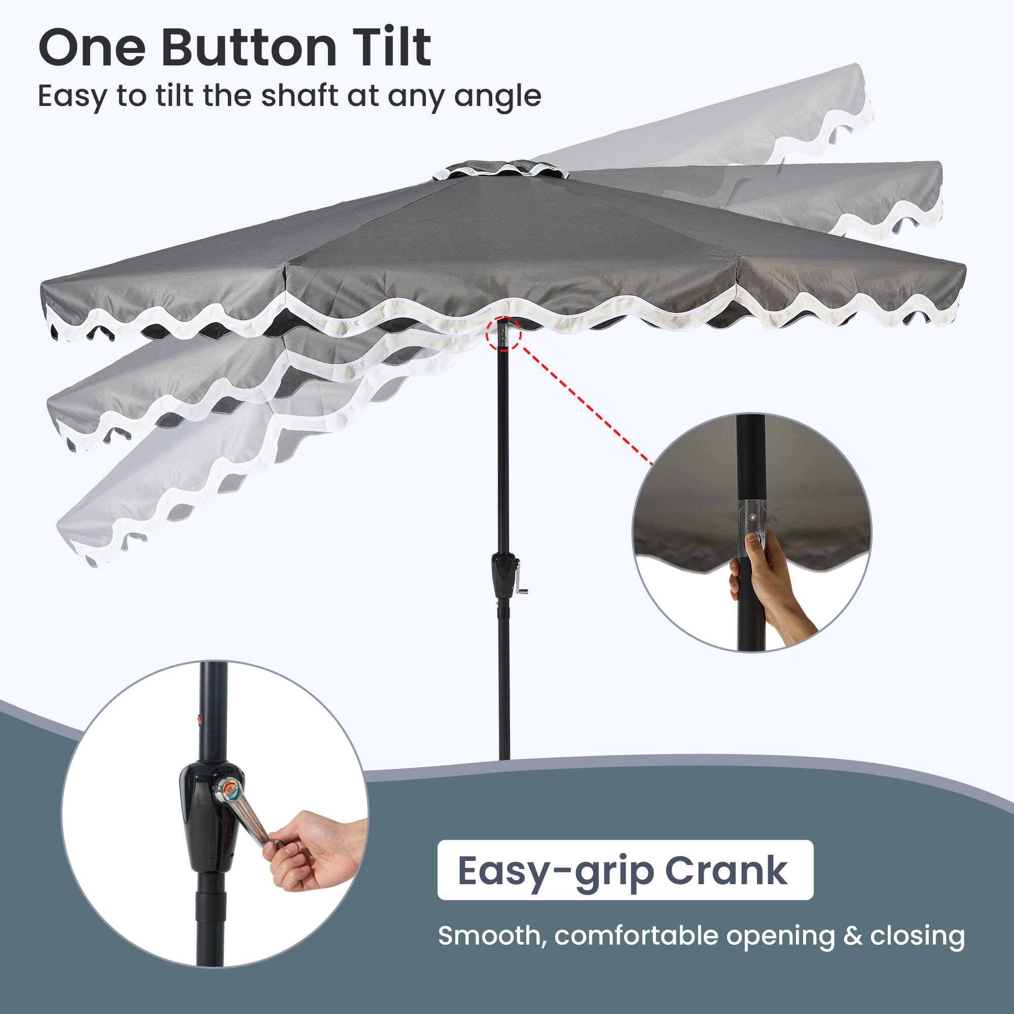 One Button Tilt  
Easy to tilt the shaft at any angle  

Easy-grip Crank  
Smooth, comfortable opening & closing