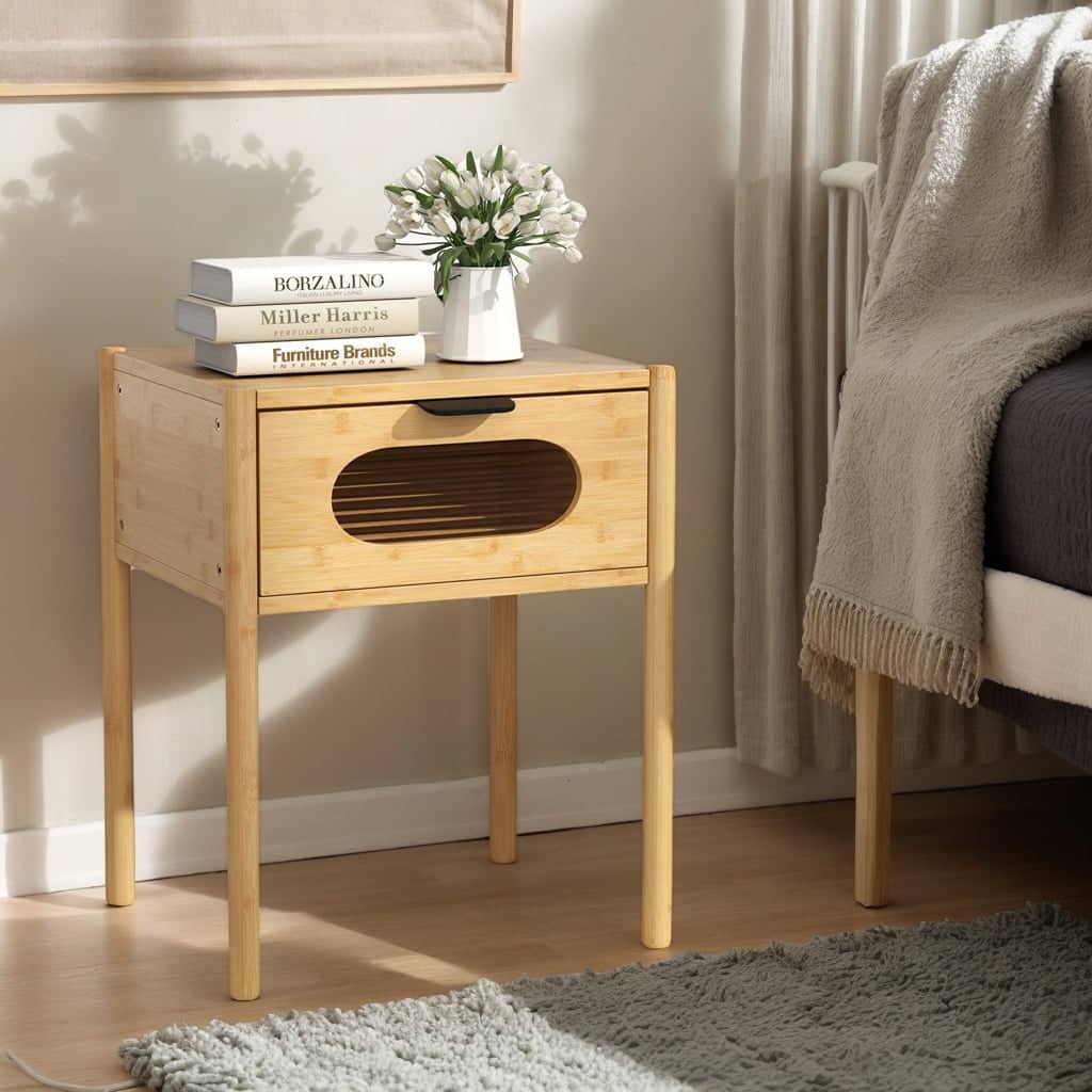 Kadyn - Nightstand, Night Stand,Bamboo Nightstand Square Tall End Table with Decorated Drawer-Natural - Brown