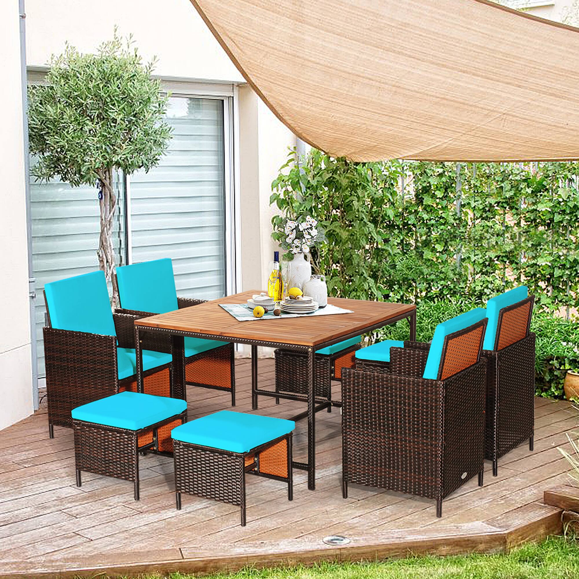 Alt View 5. Gymax - Gymax 9PCS Rattan Wicker Dining Set Patio Outdoor Furniture Set w/ Turquoise Cushion - as pic.