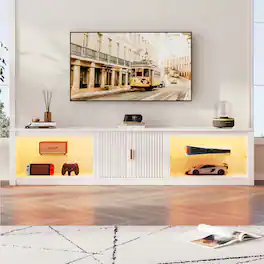 Bestier - 80-inch TV Stand for 75-85 Inch TVs, LED Lights, Fluted Cabinet & Adjustable Shelves - Bright White