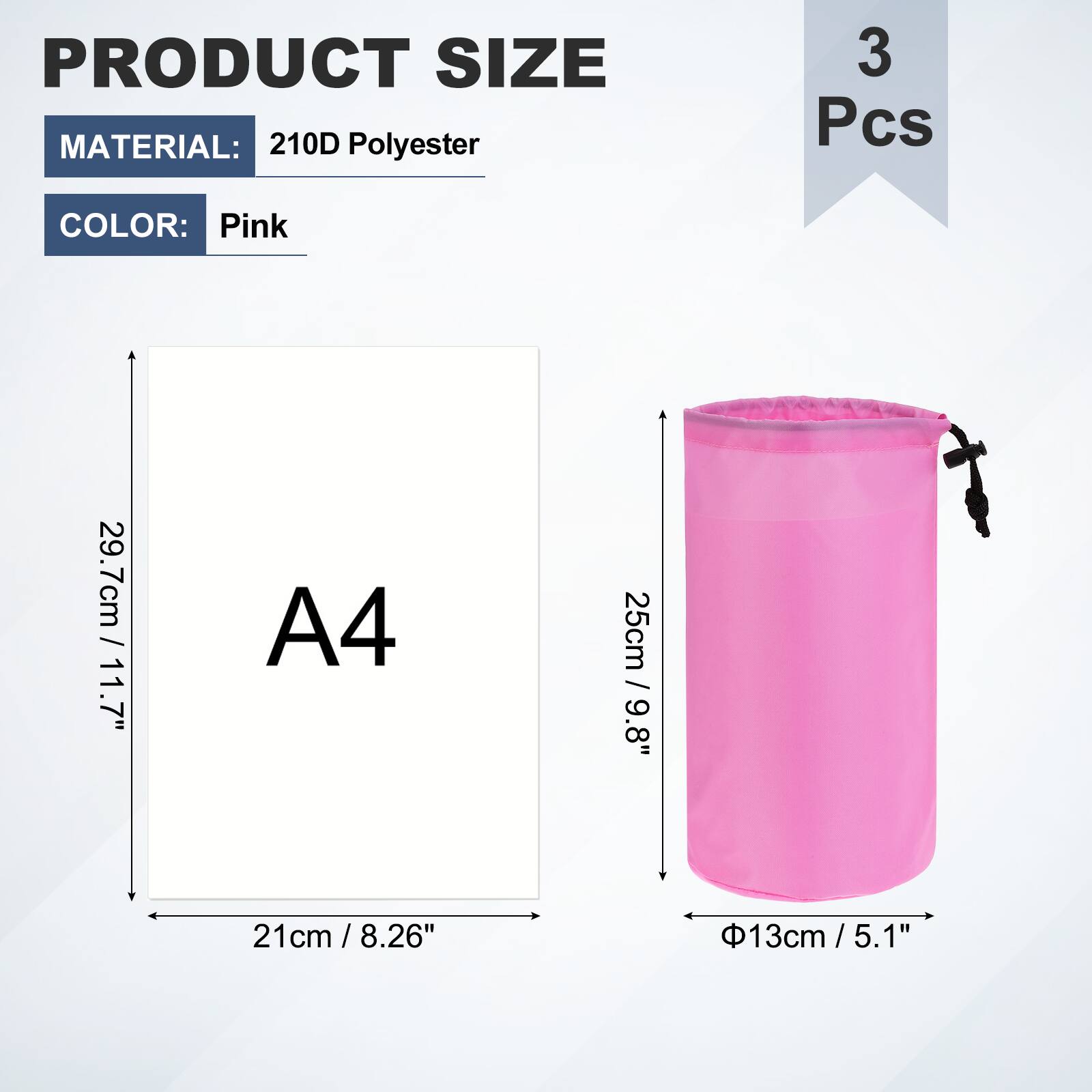 PRODUCT SIZE  
MATERIAL: 210D Polyester  
3 Pcs  
COLOR: Pink  
29.7cm / 11.7" (A4)  
21cm / 8.26"  
25cm / 9.8"  
13cm / 5.1"