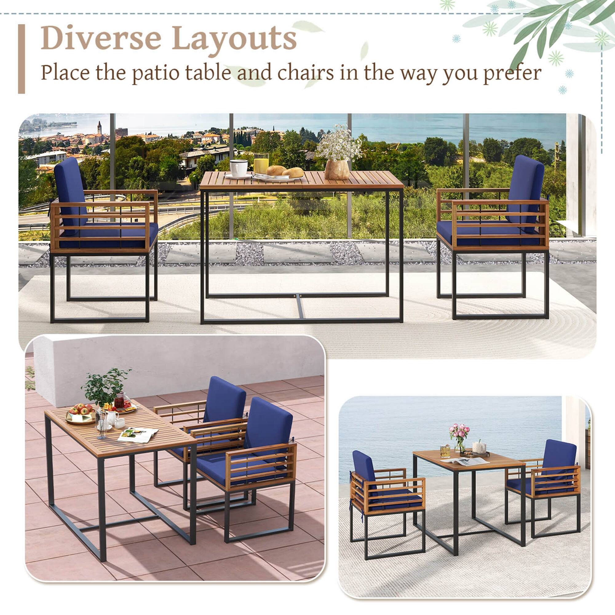 Diverse Layouts: Place the patio table and chairs in the way you prefer.
