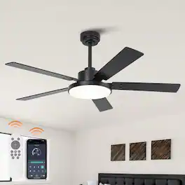 Vaczon - 52" Modern 6 Speed DC Motor Smart Ceiling Fan with Light and Remote and App Control, Reversible Blades - Black