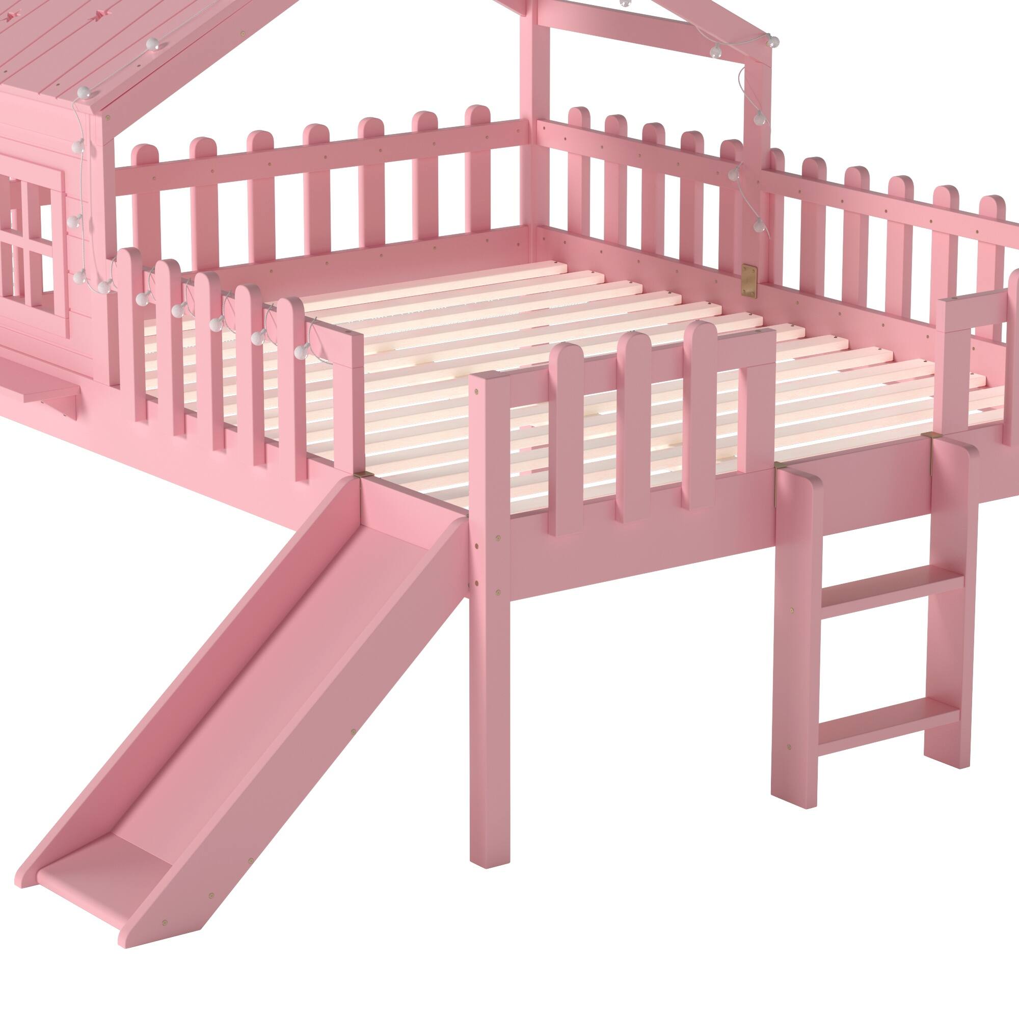 Alt View 7. Boyel Living - Full Size House Loft Bed with Slide Playhouse Bed with Star Shaped Designs - Pink.