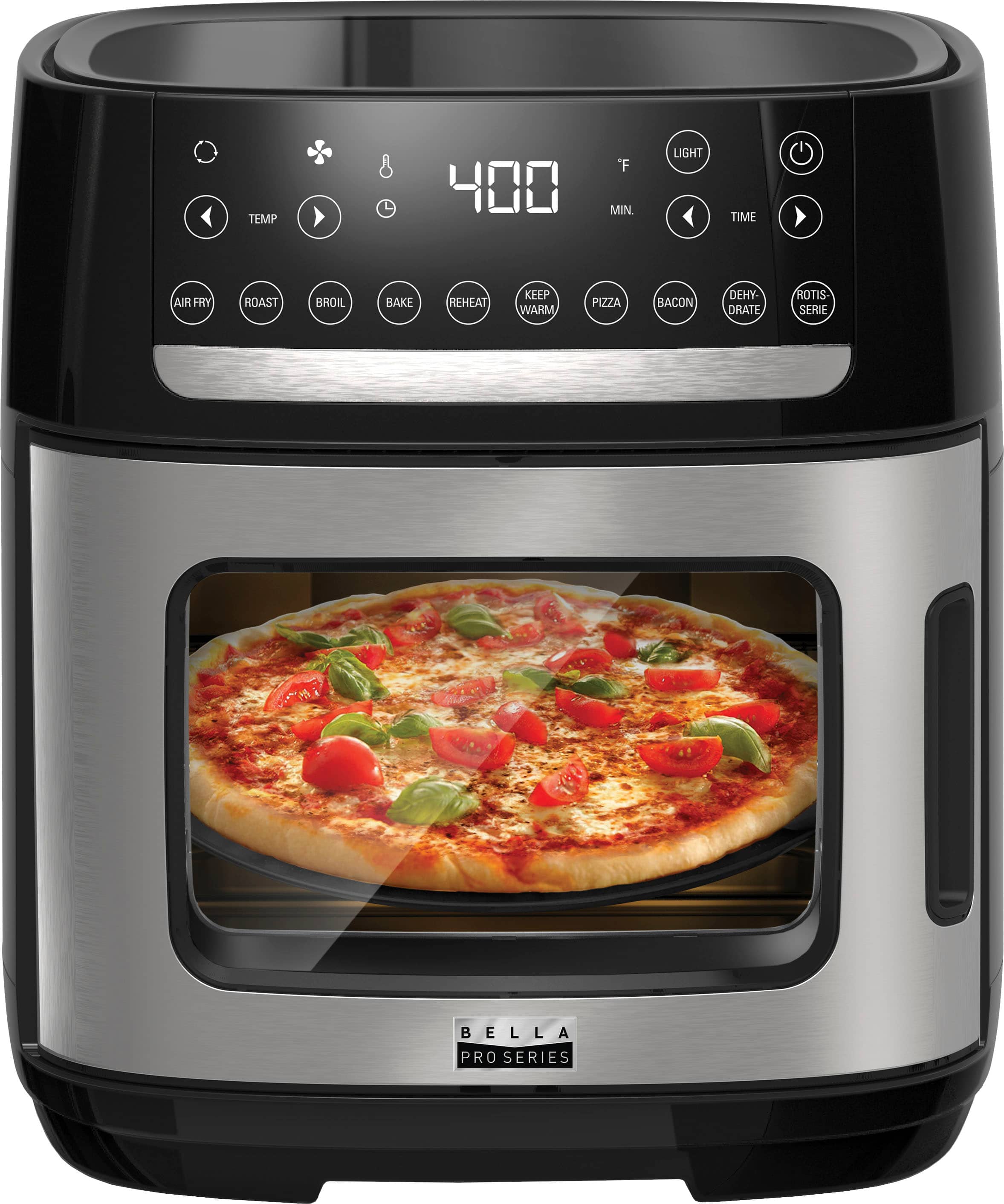 The image features a Bella Pro Series appliance with a pizza displayed on the screen. The appliance has a digital display that shows the temperature set at 400 degrees Fahrenheit. The pizza is placed in the appliance, ready to be cooked or reheated. The appliance is designed for various cooking functions, including air fry, roast, broil, bake, reheat, and keep warm. It is also suitable for cooking pizza, bacon, and dehydrating food.