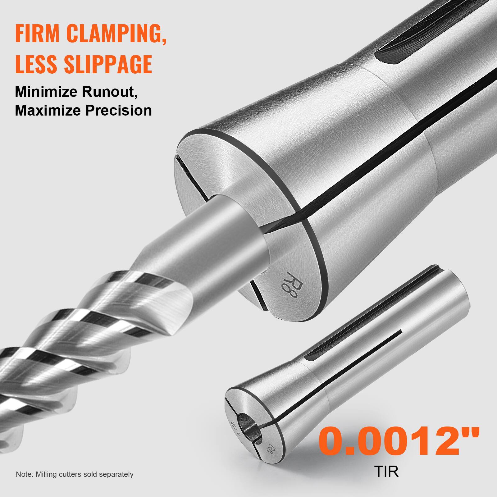 FIRM CLAMPING, LESS SLIPPAGE  
Minimize Runout, Maximize Precision  

0.0012" TIR  

Note: Milling cutters sold separately