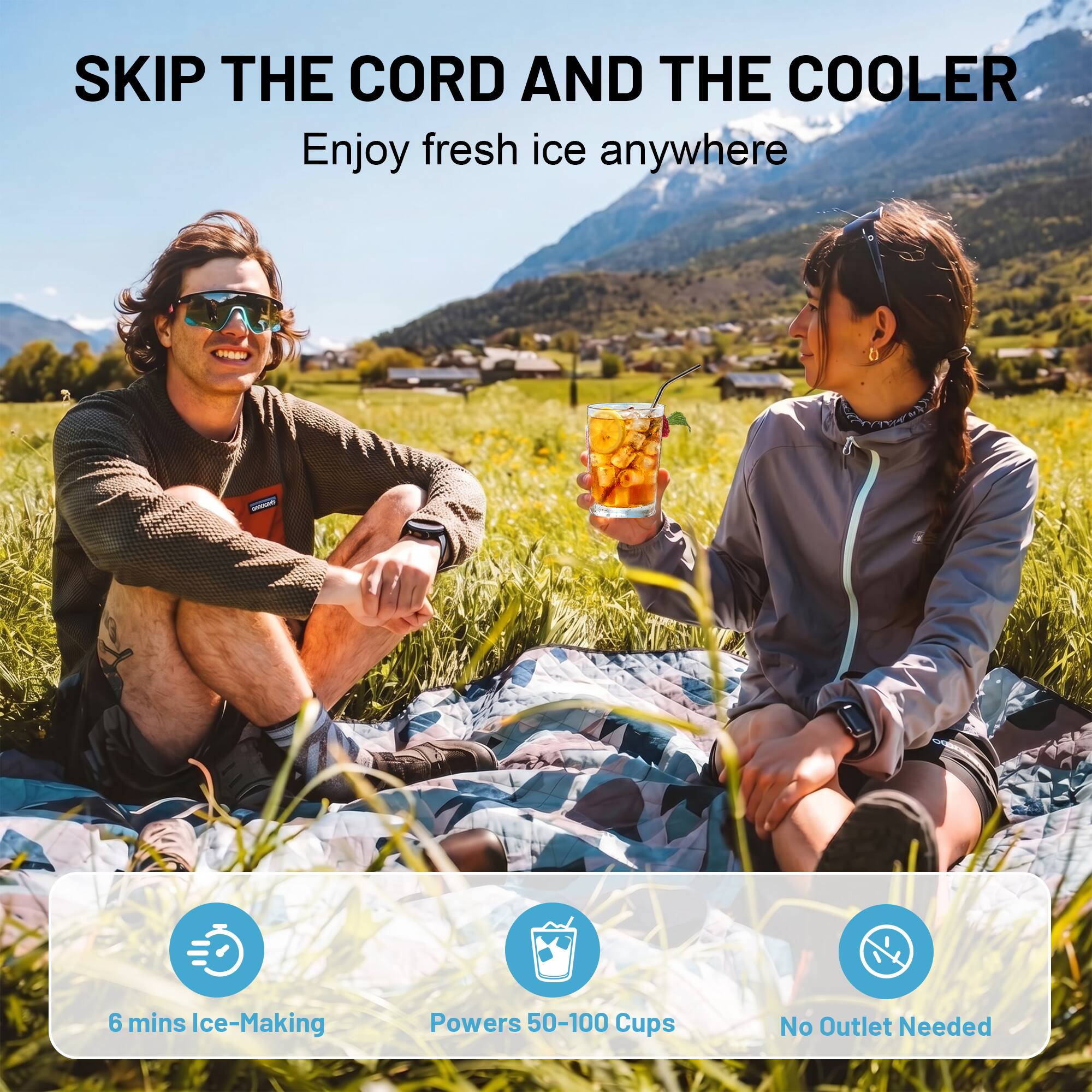 SKIP THE CORD AND THE COOLER  
Enjoy fresh ice anywhere  

6 mins Ice-Making  
Powers 50-100 Cups  
No Outlet Needed