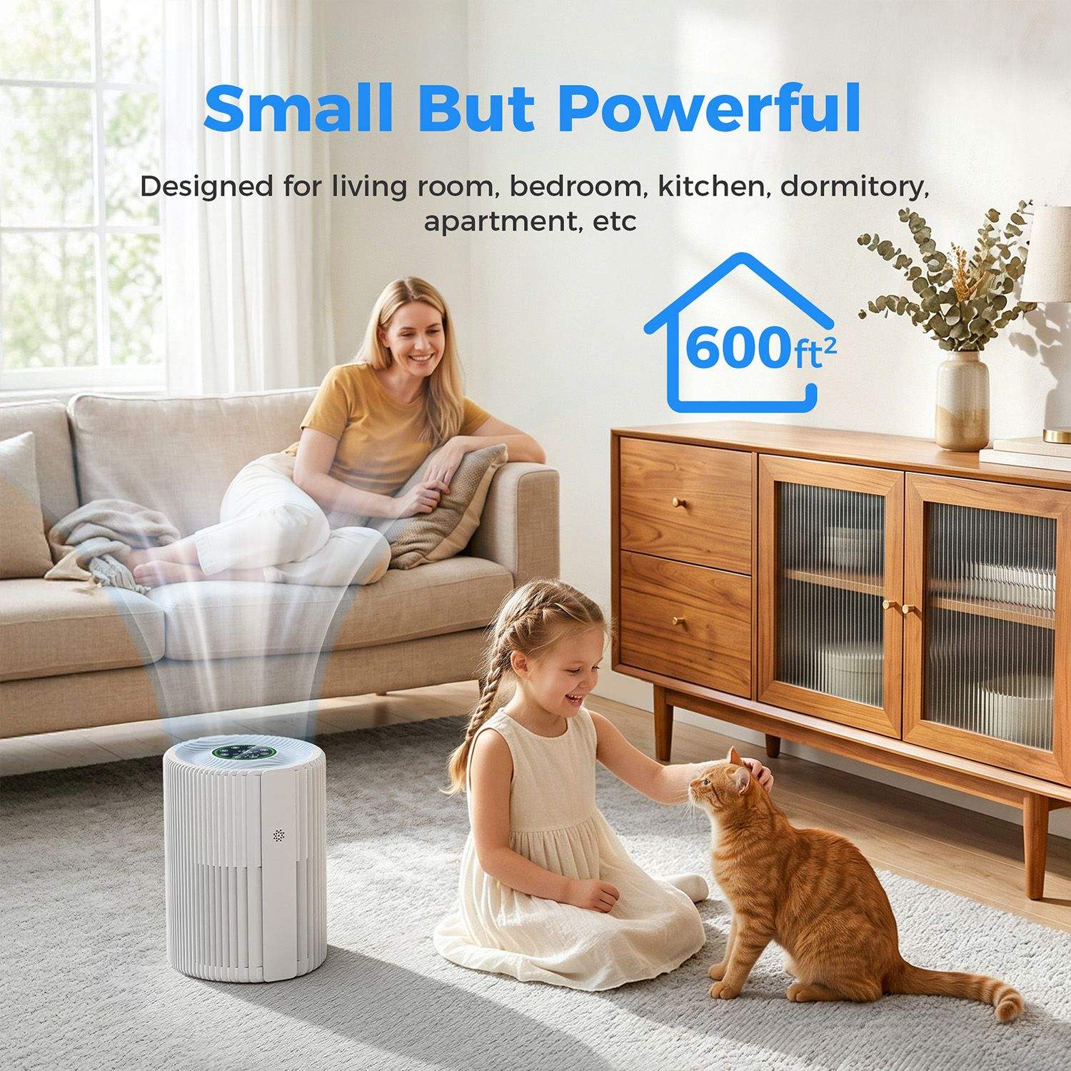 Small But Powerful  
Designed for living room, bedroom, kitchen, dormitory, apartment, etc  
600ft²
