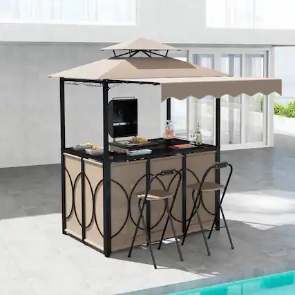 Front. Gymax - Gymax 3-Piece Outdoor BBQ Canopy w/ Bar Table & 2 Foldable Bar Chairs Set for Patio Coffee - Coffee.