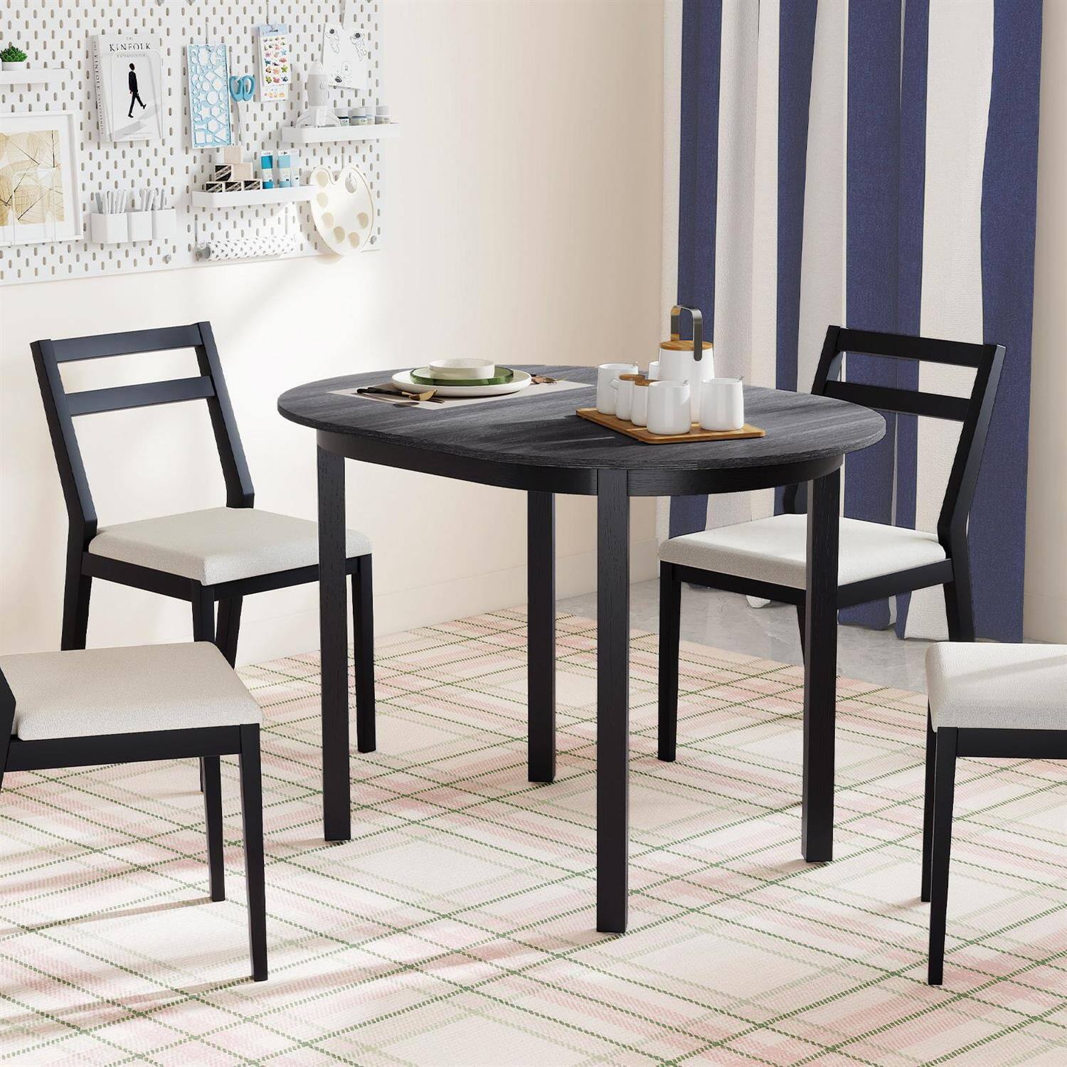 Left. Pefilos - 43" Wooden Dining Table,Rubber Wood Legs Waterproof Surface,Anti-Slip Pads,Black - Black.