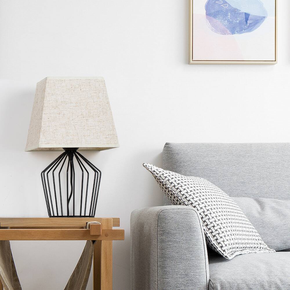 Back. Oumilen - Black Wire Cage Table Lamp with Trapezoidal Fabric Shade, E26 Socket & 67In Cord.