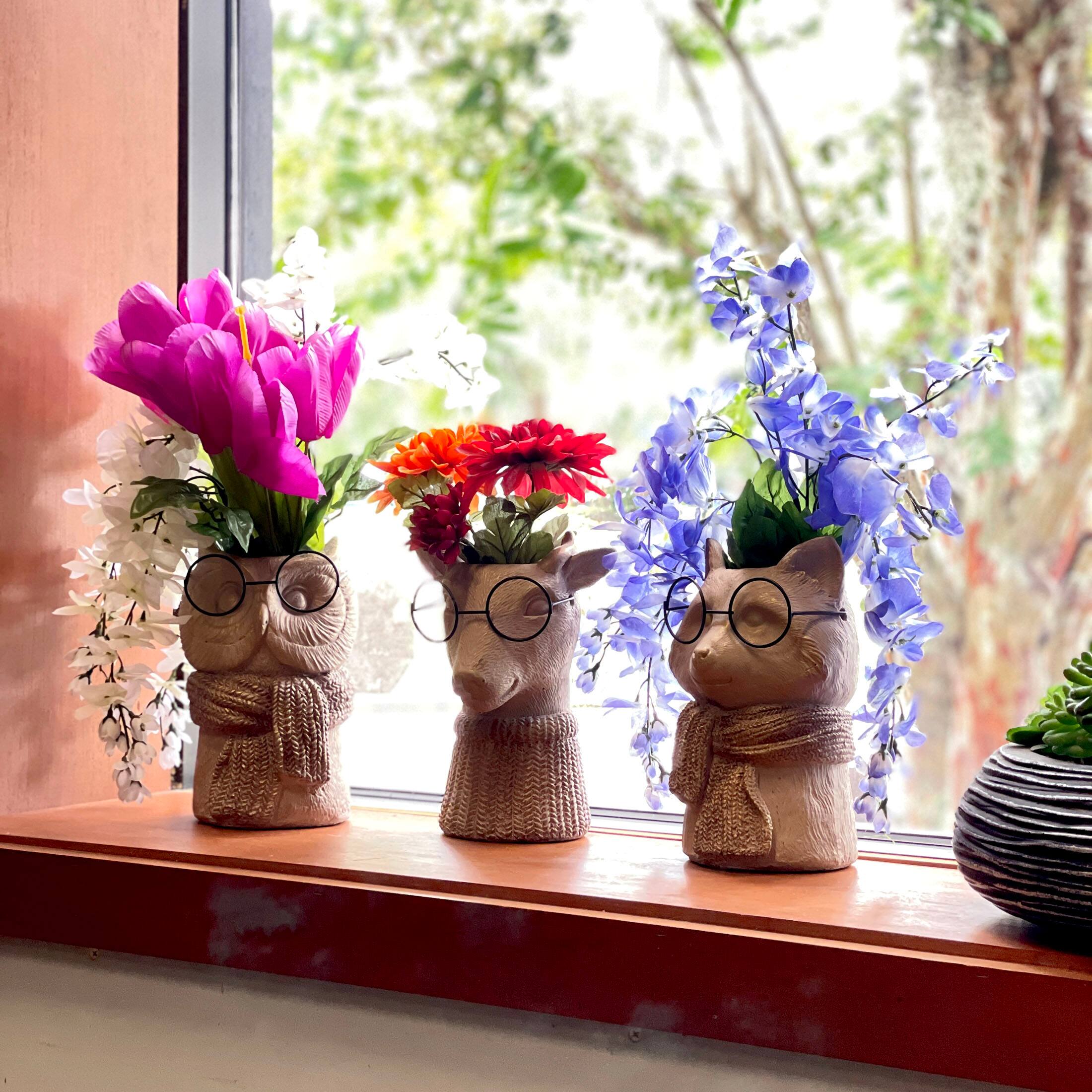 Alt View 5. Things2Die4 - Bespectacled Deer Cement Vase 8.7" Gold Accents Knit Scarf Real Wire Glasses - Taupe.