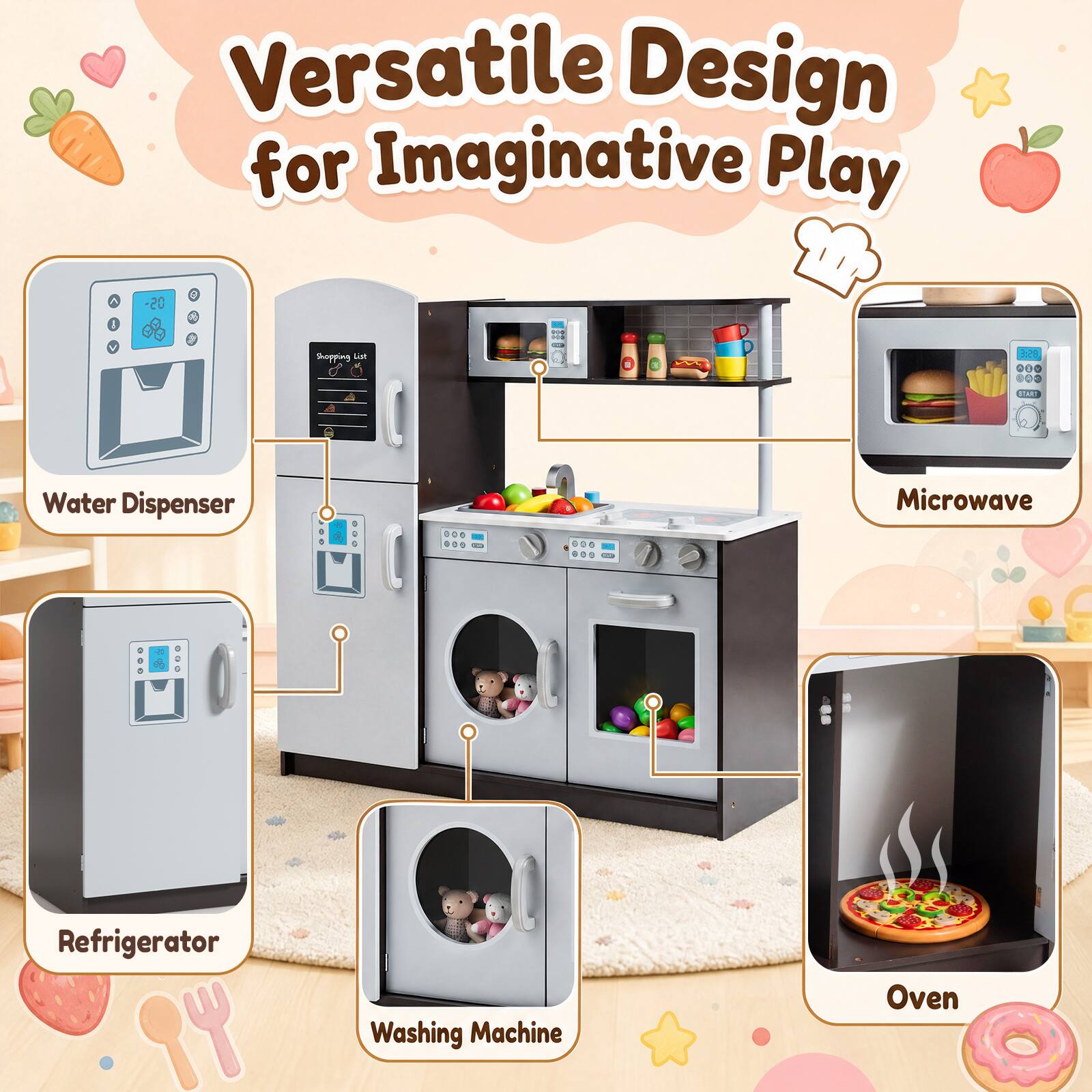 Versatile Design for Imaginative Play

- Water Dispenser
- Refrigerator
- Washing Machine
- Microwave
- Oven