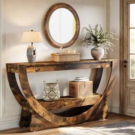 Tribesigns - 63-Inch Long Console Table, Farmhouse Entryway Table with 2 Storage Shelves, Narrow Long Sofa Table Behind Couch, Wooden - Dark Brown