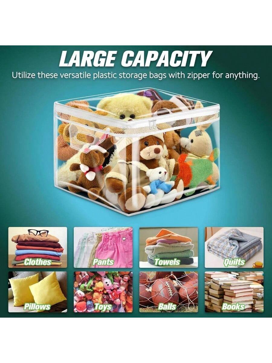 LARGE CAPACITY  
Utilize these versatile plastic storage bags with zipper for anything.  

- Clothes  
- Pants  
- Towels  
- Quilts  
- Pillows  
- Toys  
- Balls  
- Books